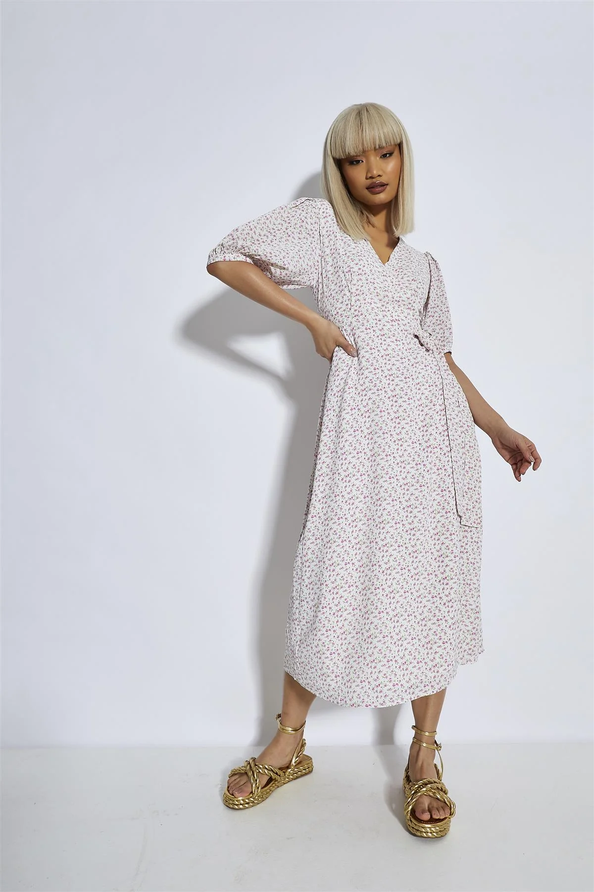 Pink Mini Vintage-Rose Midi Wrap-Dress - Image 3