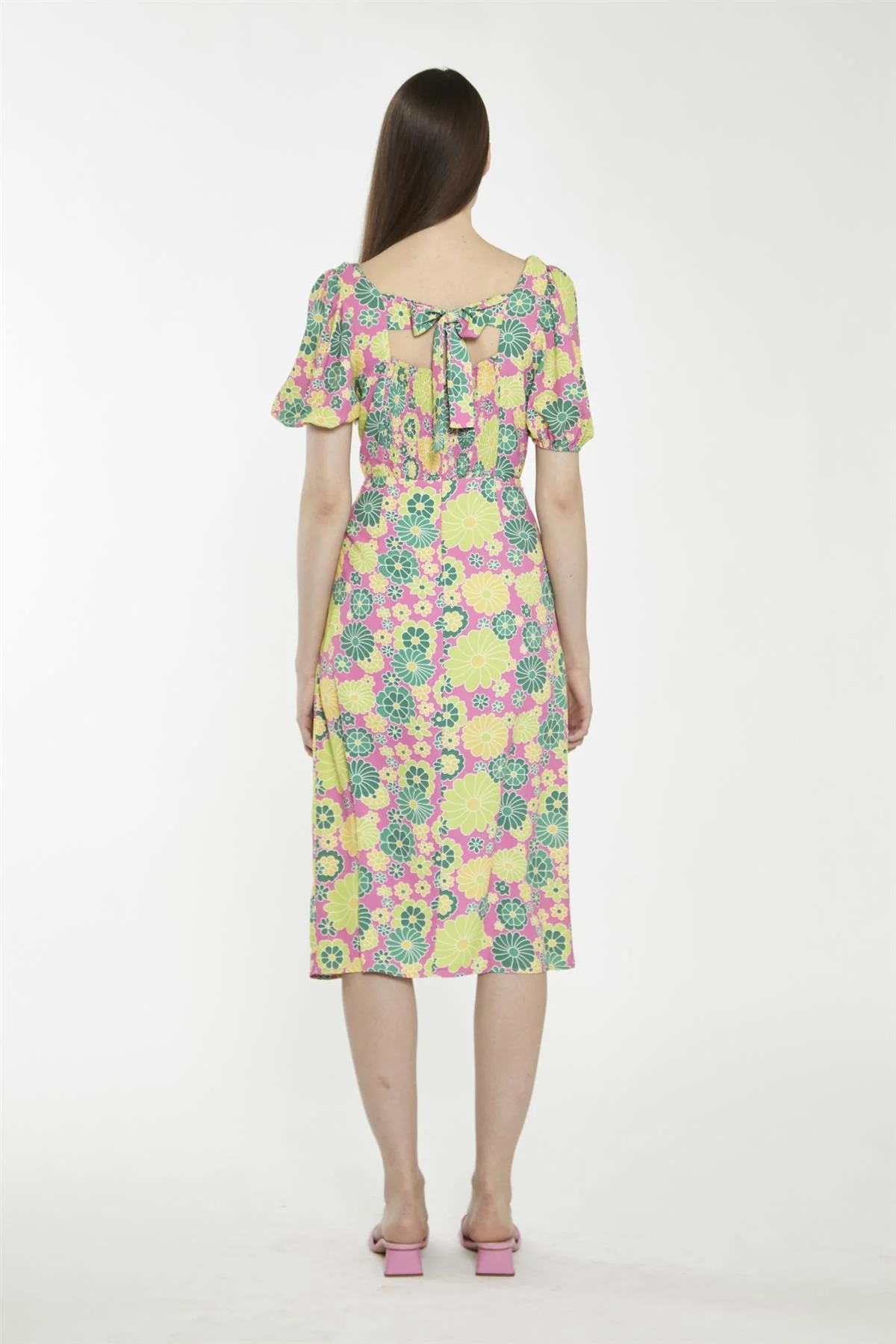 Pink-Multi-60S-Flower Square-Neck Midi-Dress - Image 2