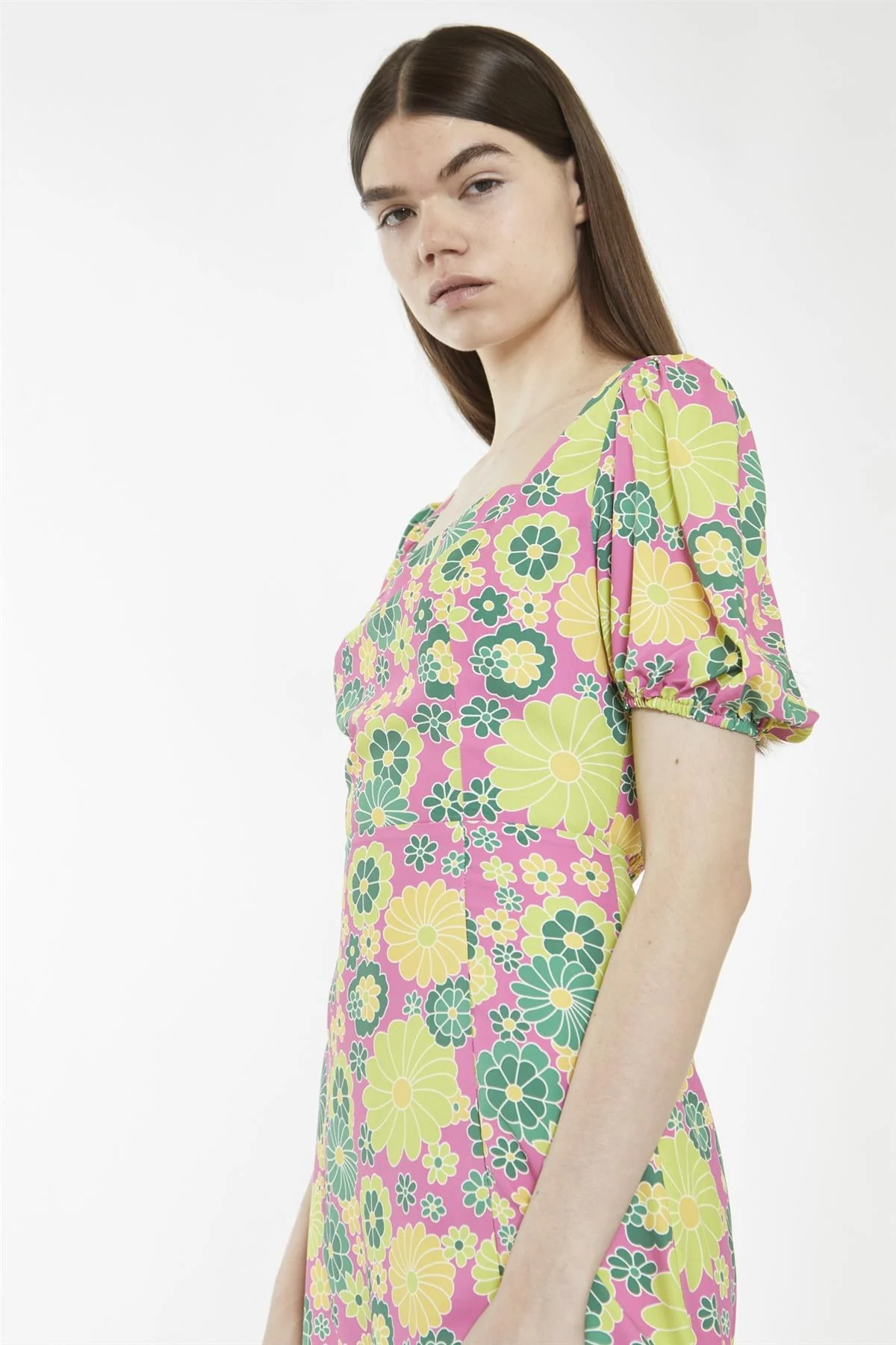 Pink-Multi-60S-Flower Square-Neck Midi-Dress - Image 3