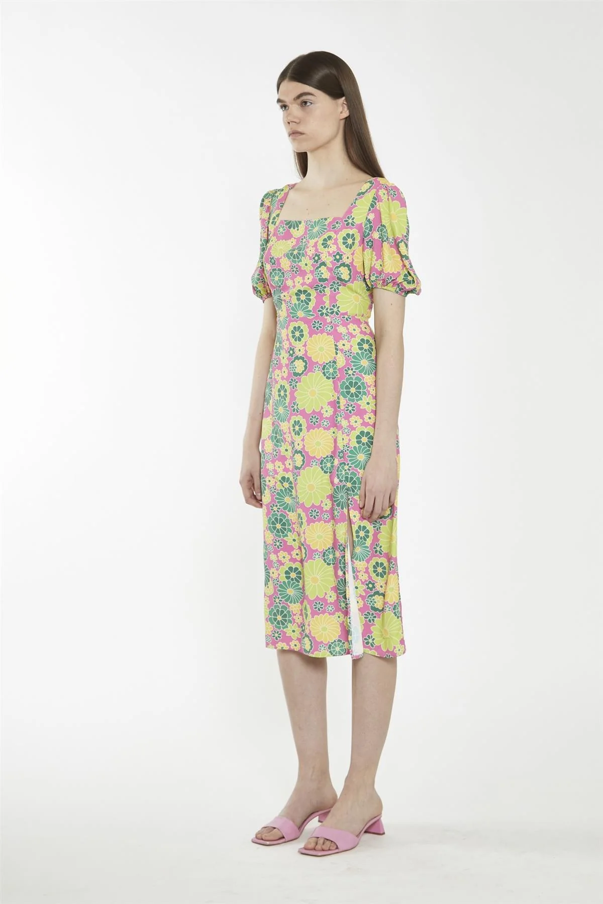 Pink-Multi-60S-Flower Square-Neck Midi-Dress - Image 4