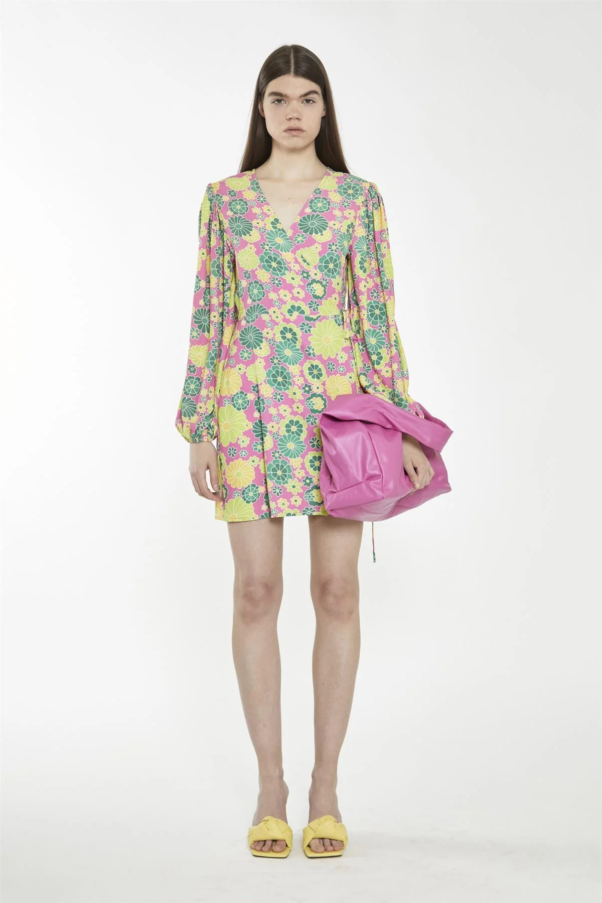 Pink-Multi-60S-Flower Wrap Mini-Dress
