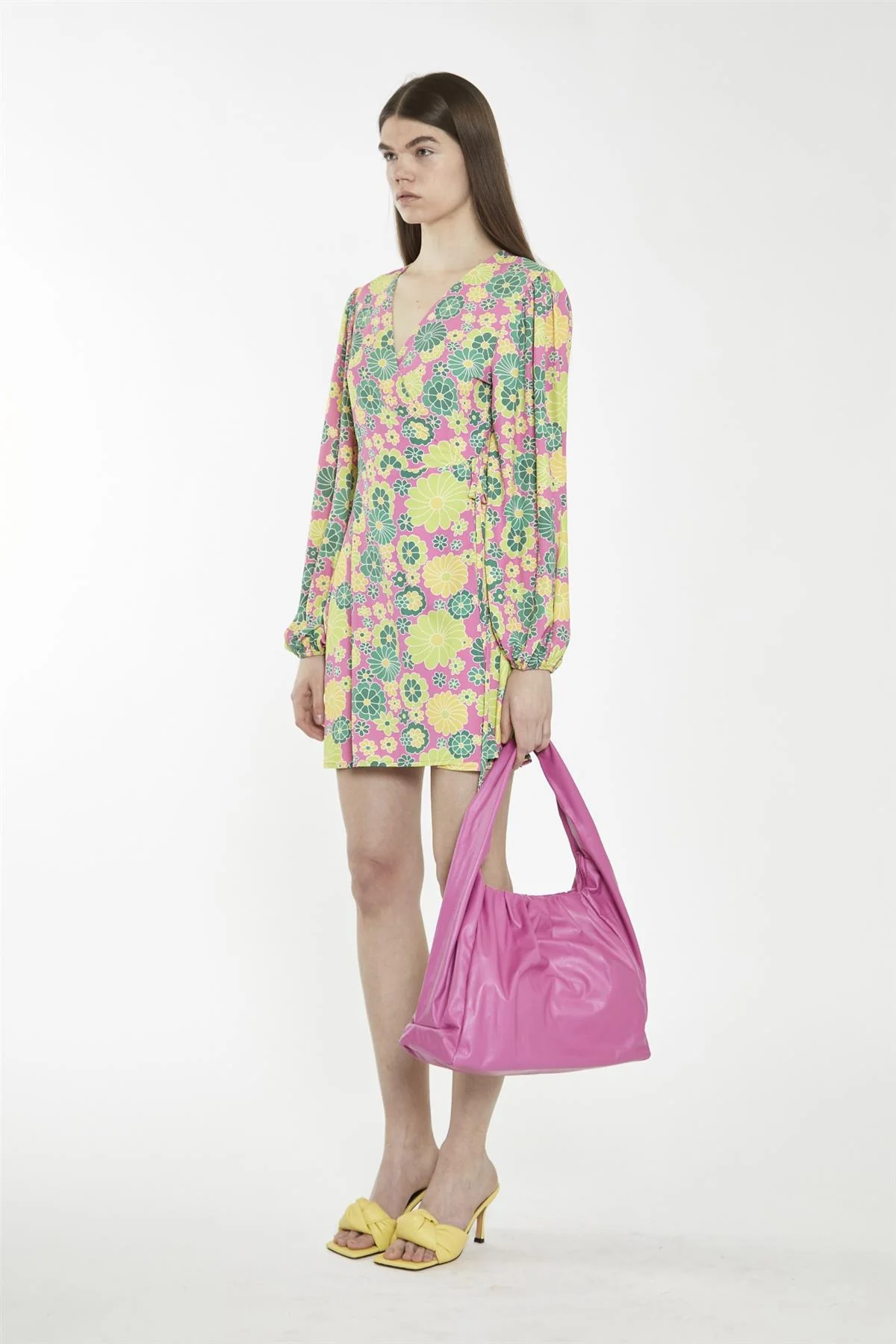 Pink-Multi-60S-Flower Wrap Mini-Dress - Image 3