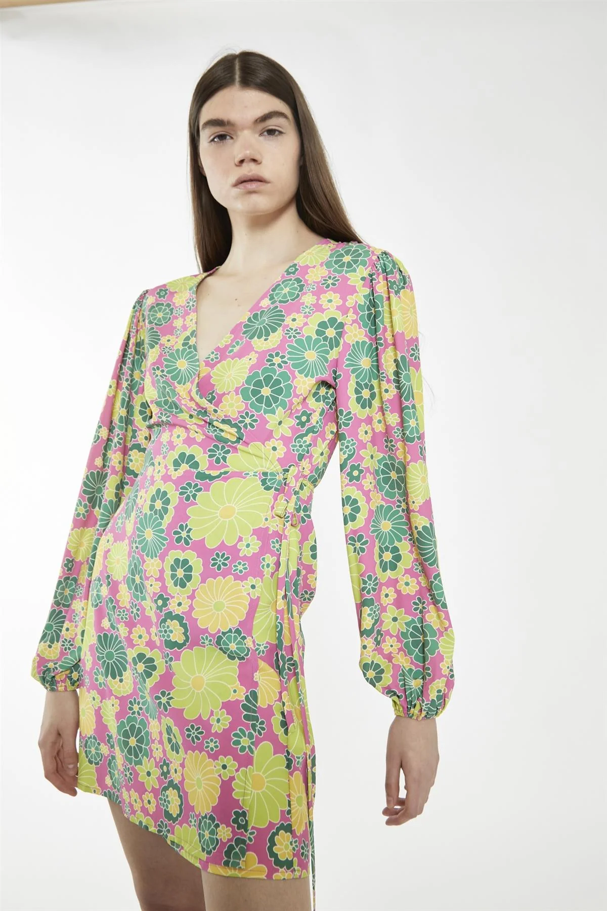 Pink-Multi-60S-Flower Wrap Mini-Dress - Image 4