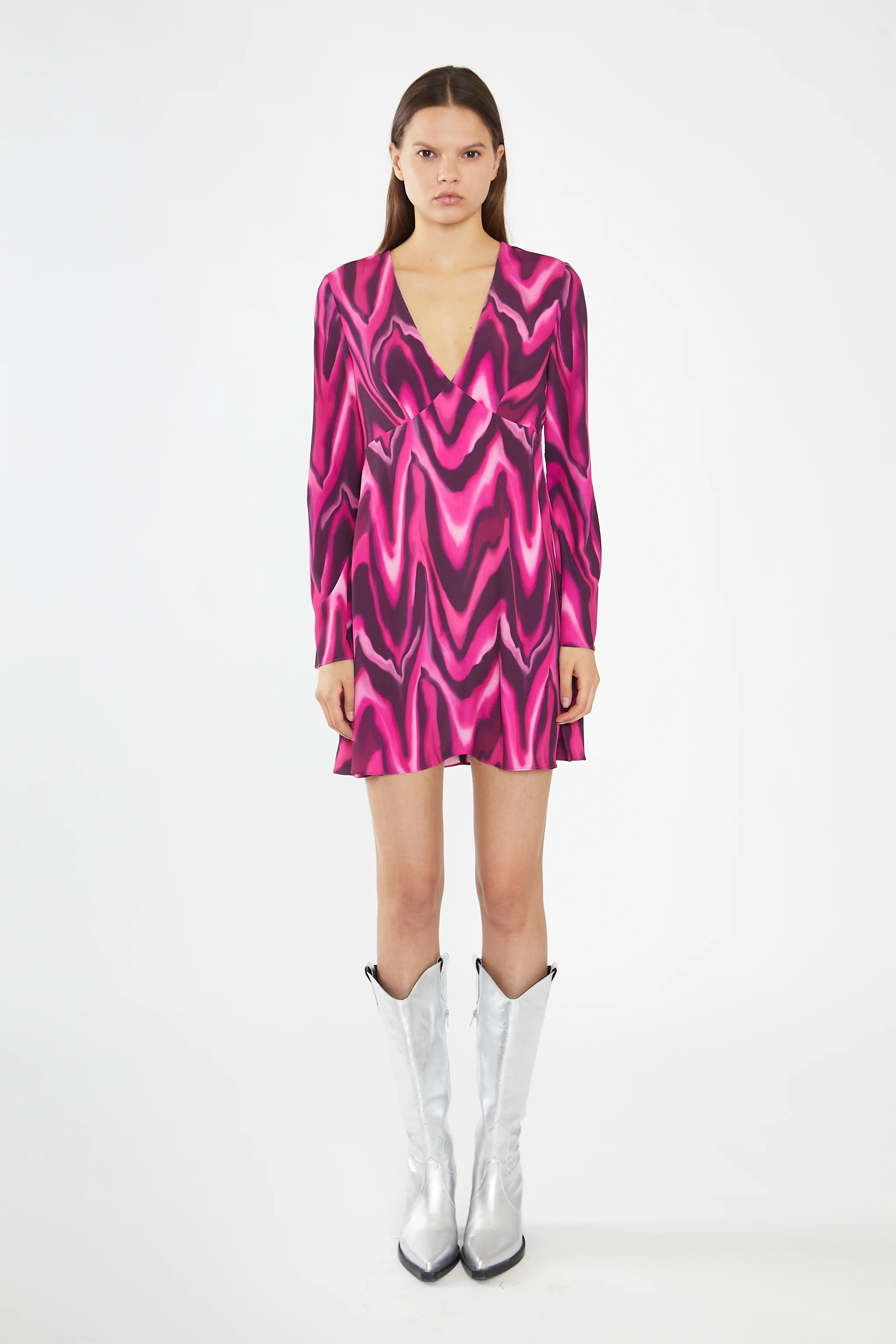 Pink Multi-Blurred Wave Flared Sleeve Mini-Dress
