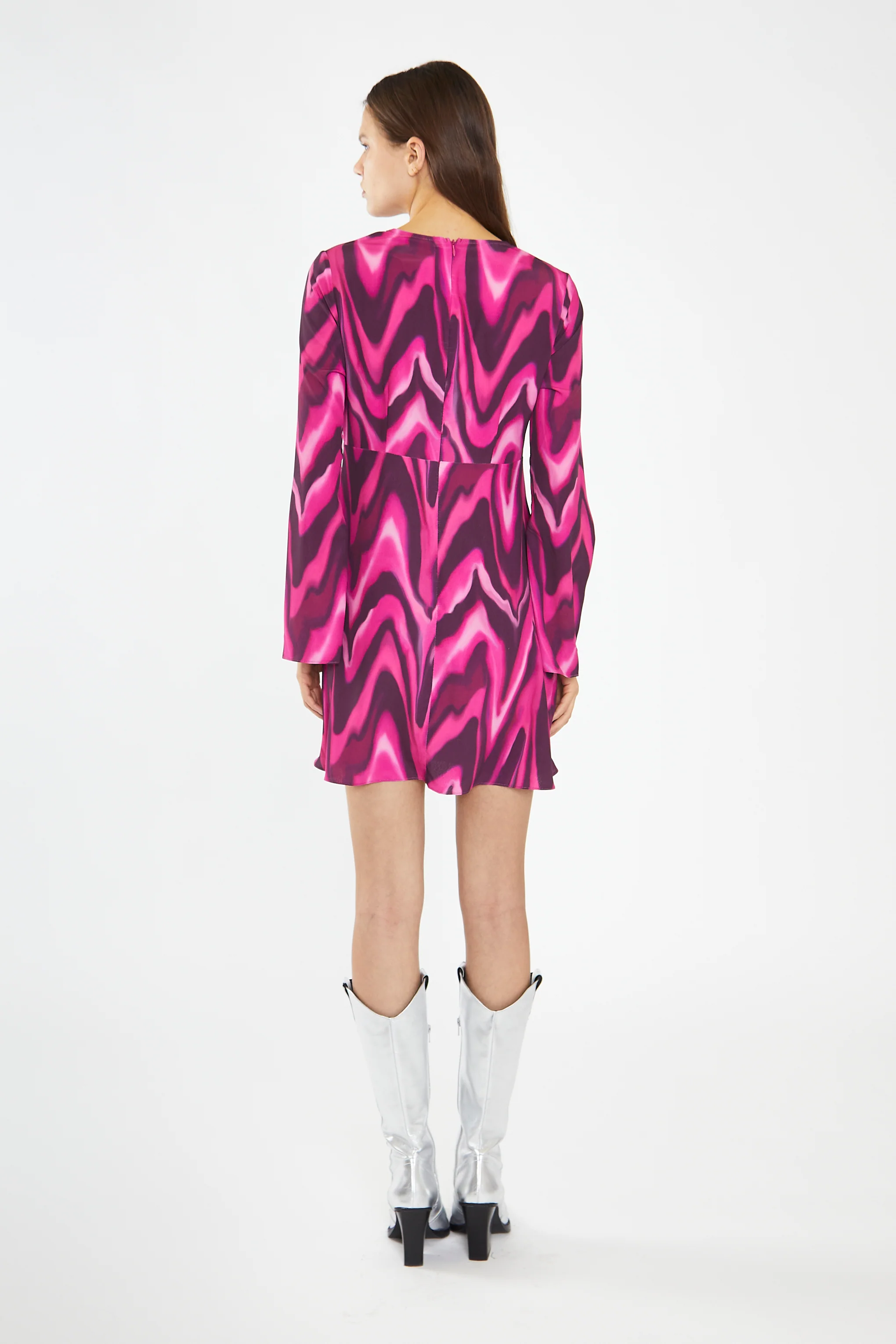 Pink Multi-Blurred Wave Flared Sleeve Mini-Dress - Image 3