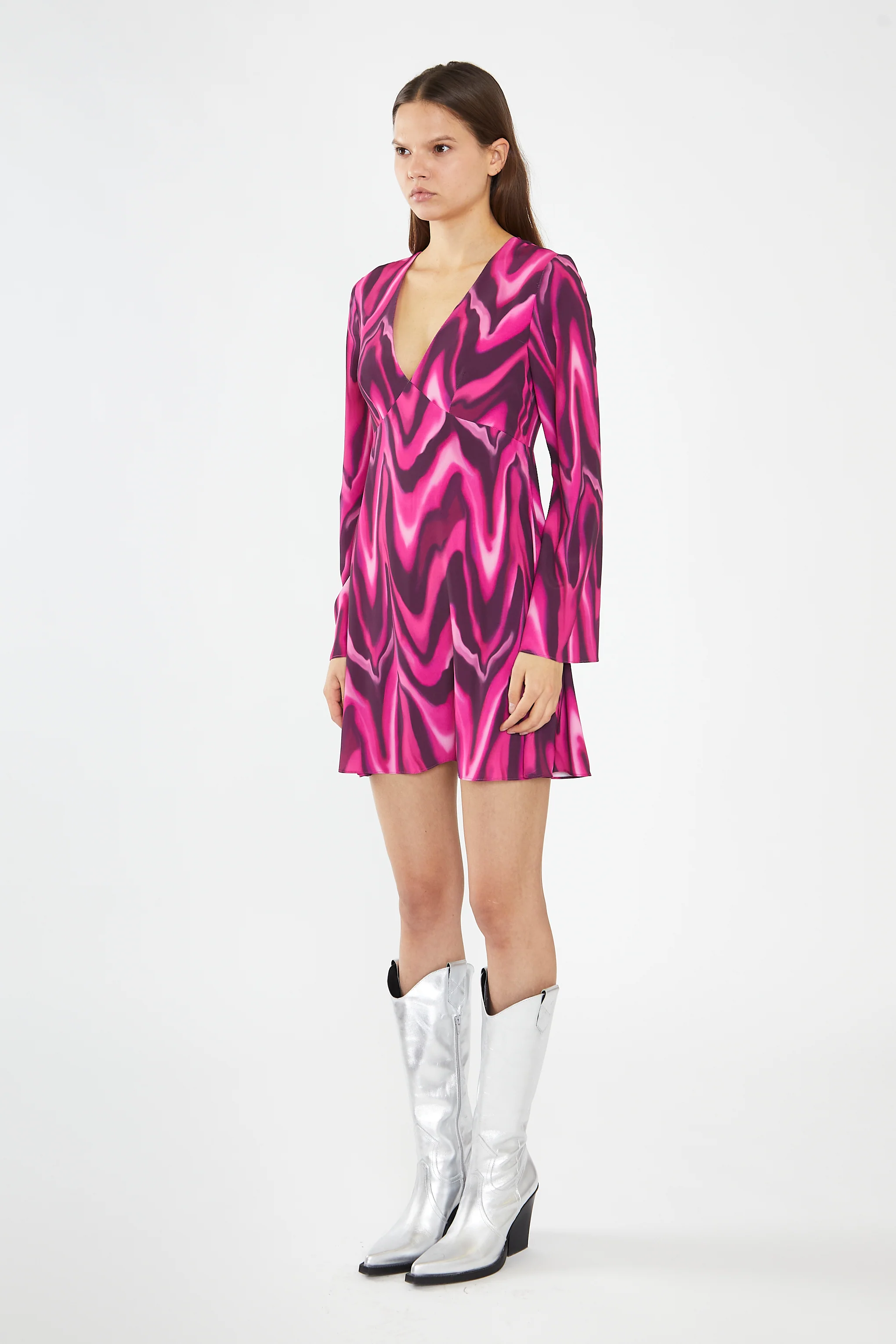 Pink Multi-Blurred Wave Flared Sleeve Mini-Dress - Image 4