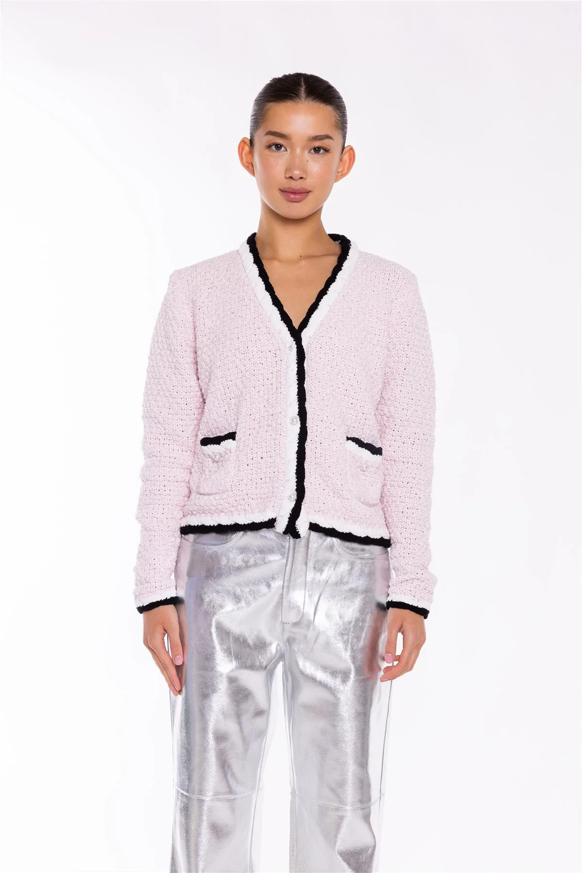 Pink-Multi Diamante-Buttons Cardigan - Image 3