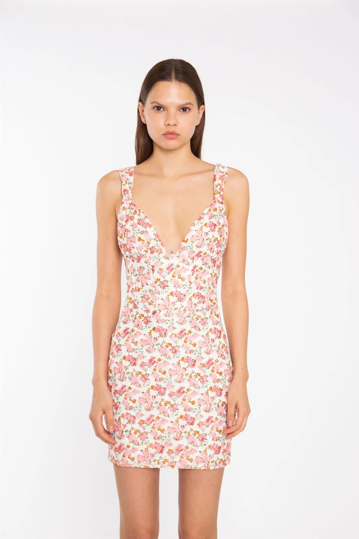 Pink Multi-Floral Lace Ruched-Bus Corset Mini-Dress - Image 3