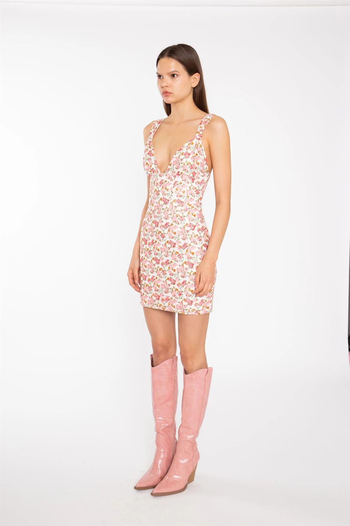 Pink Multi-Floral Lace Ruched-Bus Corset Mini-Dress - Image 4