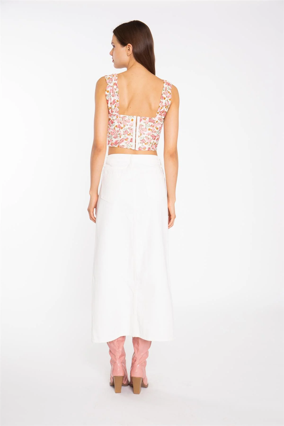 Pink Multi-Floral Lace Ruched Corset Crop-Top - Image 2