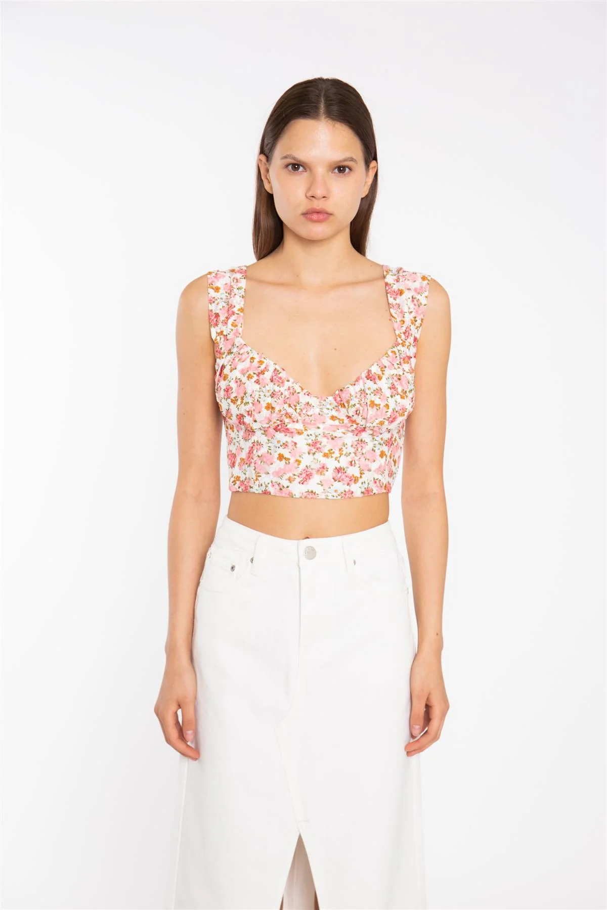 Pink Multi-Floral Lace Ruched Corset Crop-Top - Image 3