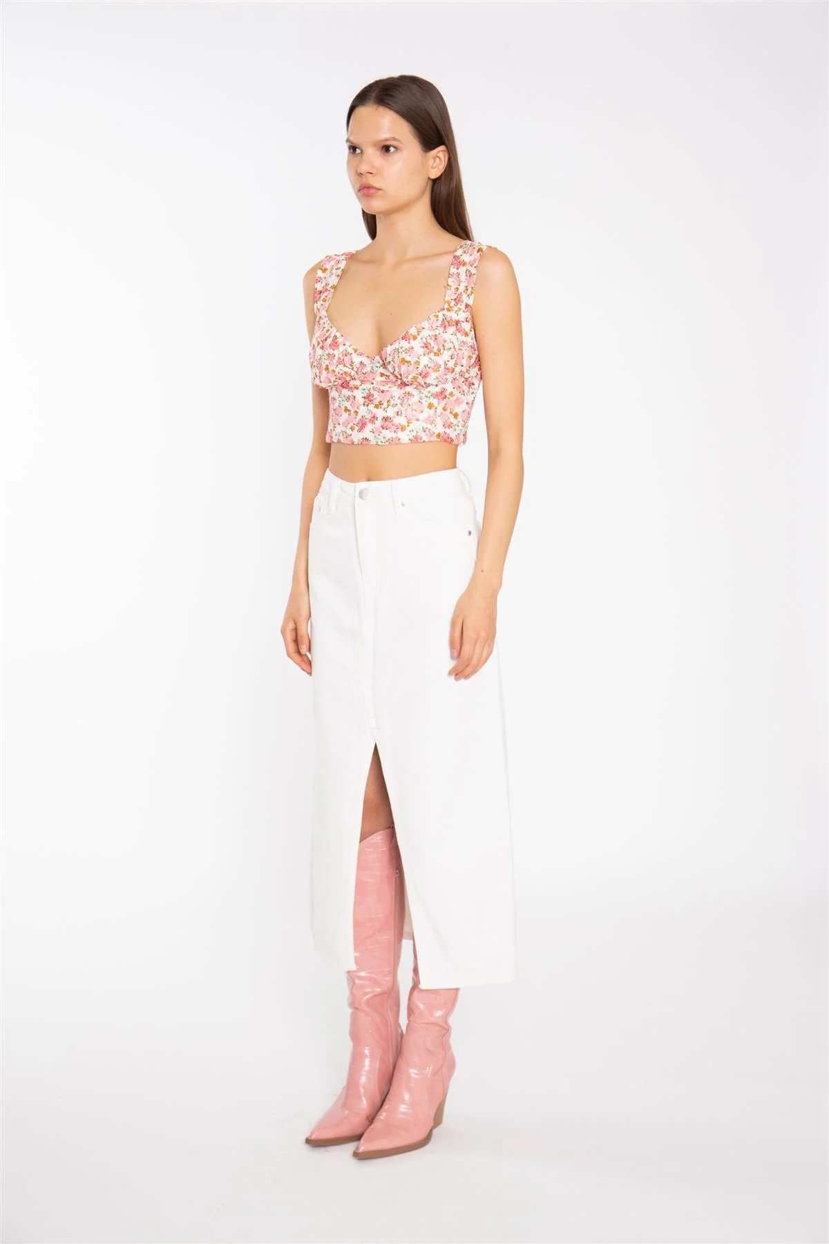 Pink Multi-Floral Lace Ruched Corset Crop-Top - Image 4