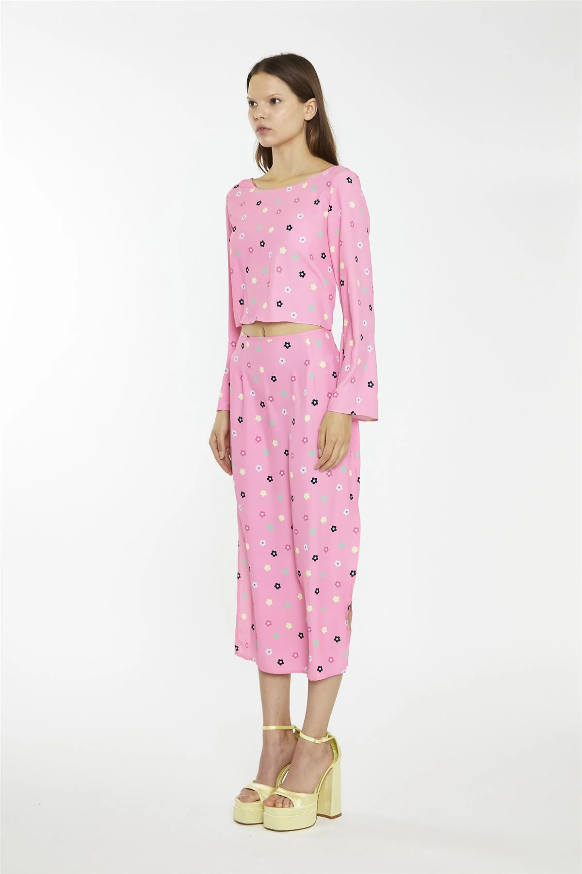 Pink Multi-Flower Bias-Cut Midi-Skirt - Image 3