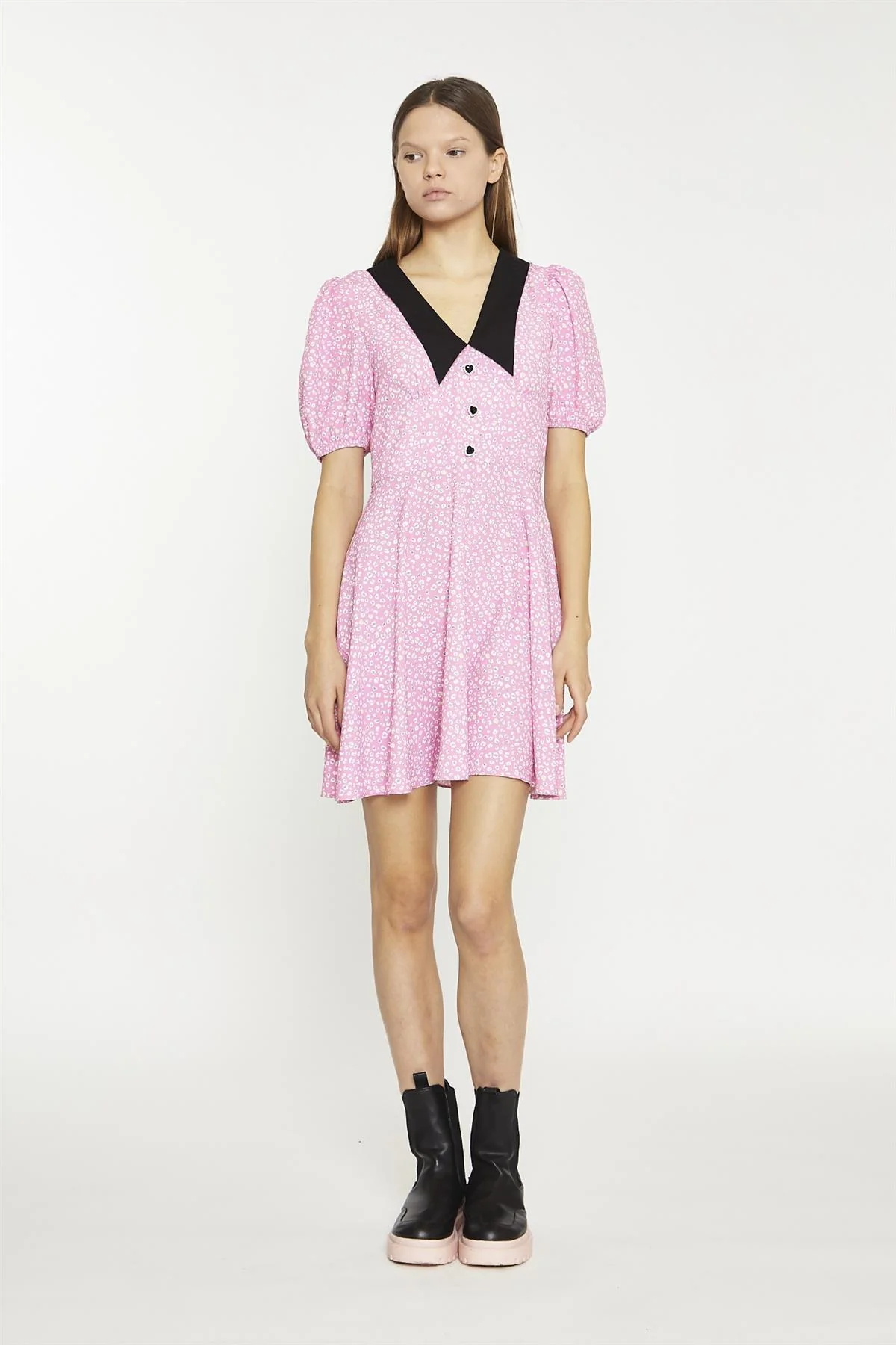 Pink-Multi-Leopard-Black Contrast-Collar-Skater Mini-Dress