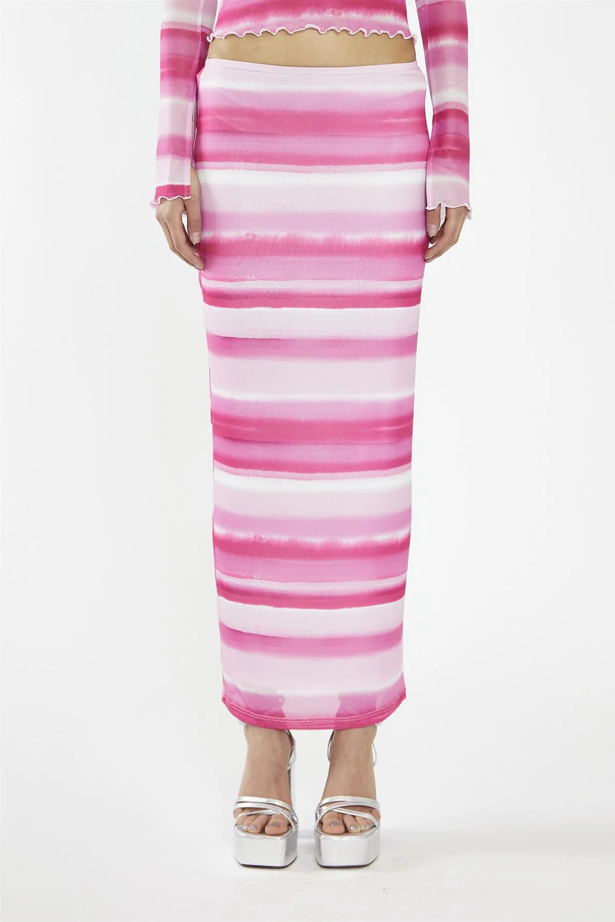 Pink Ombre-Stripe Mesh Bodycon Maxi-Skirt - Image 3