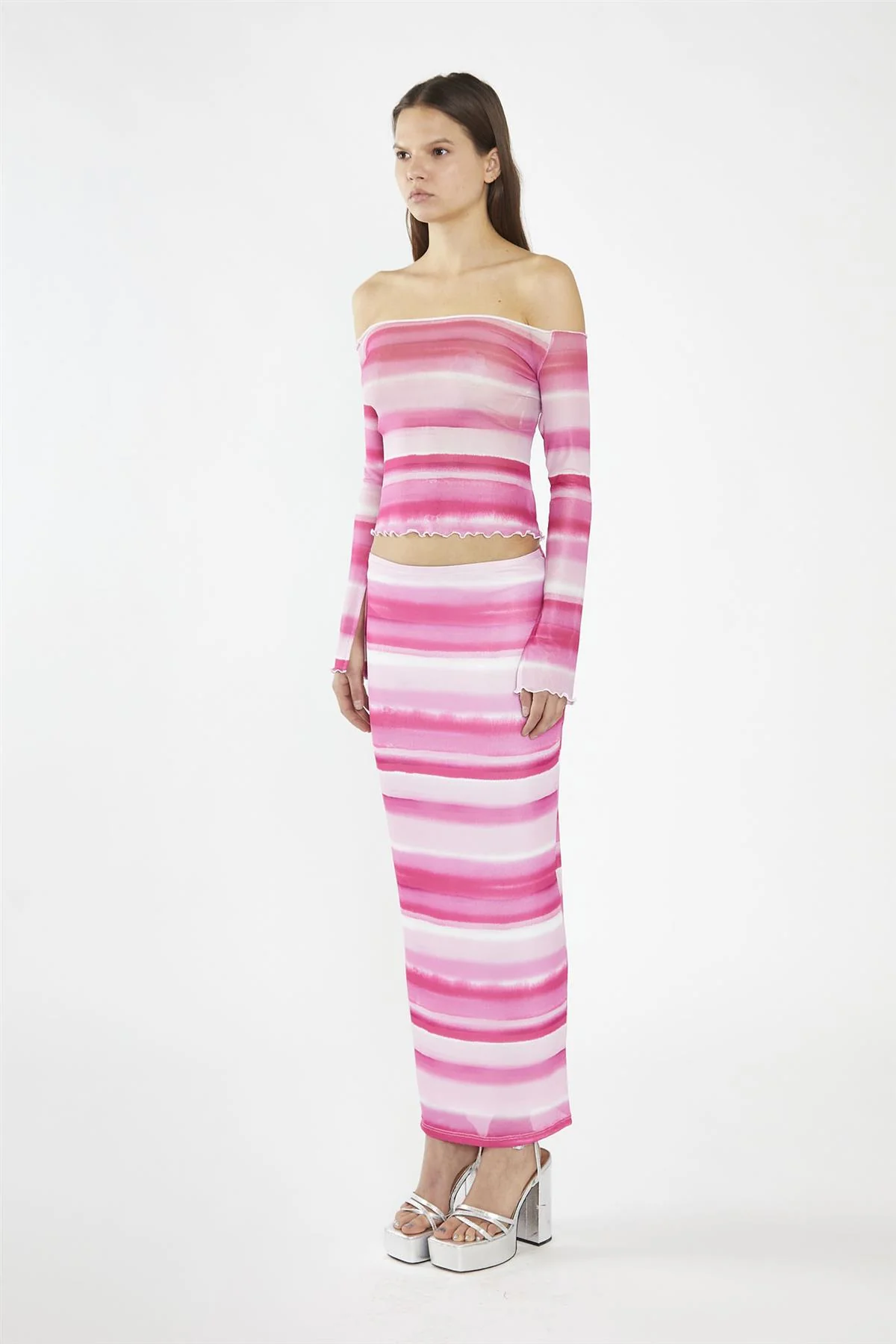 Pink Ombre-Stripe Mesh Bodycon Maxi-Skirt - Image 4