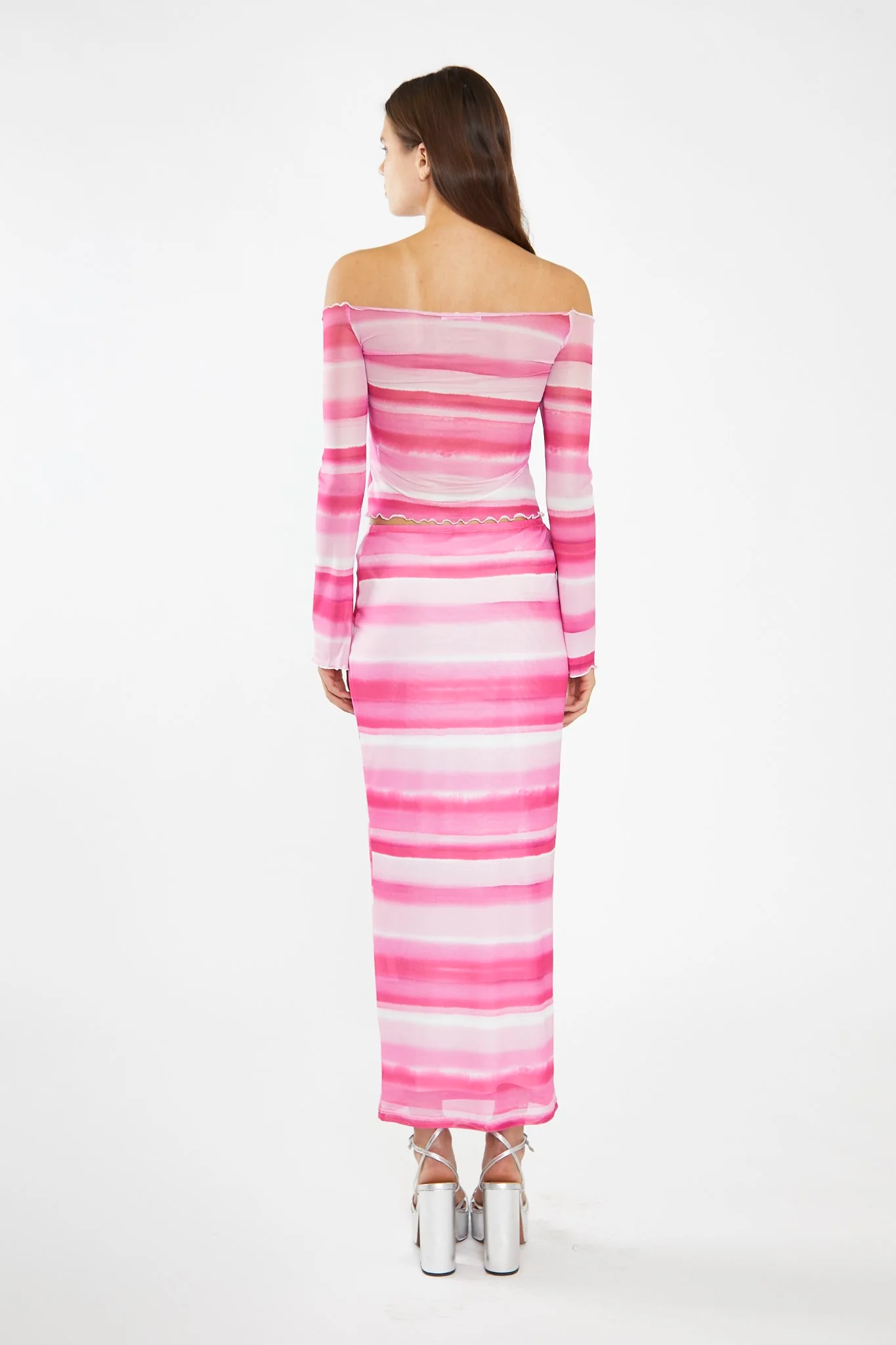 Pink Ombre-Stripe Mesh Off the Shoulder -Top - Image 3