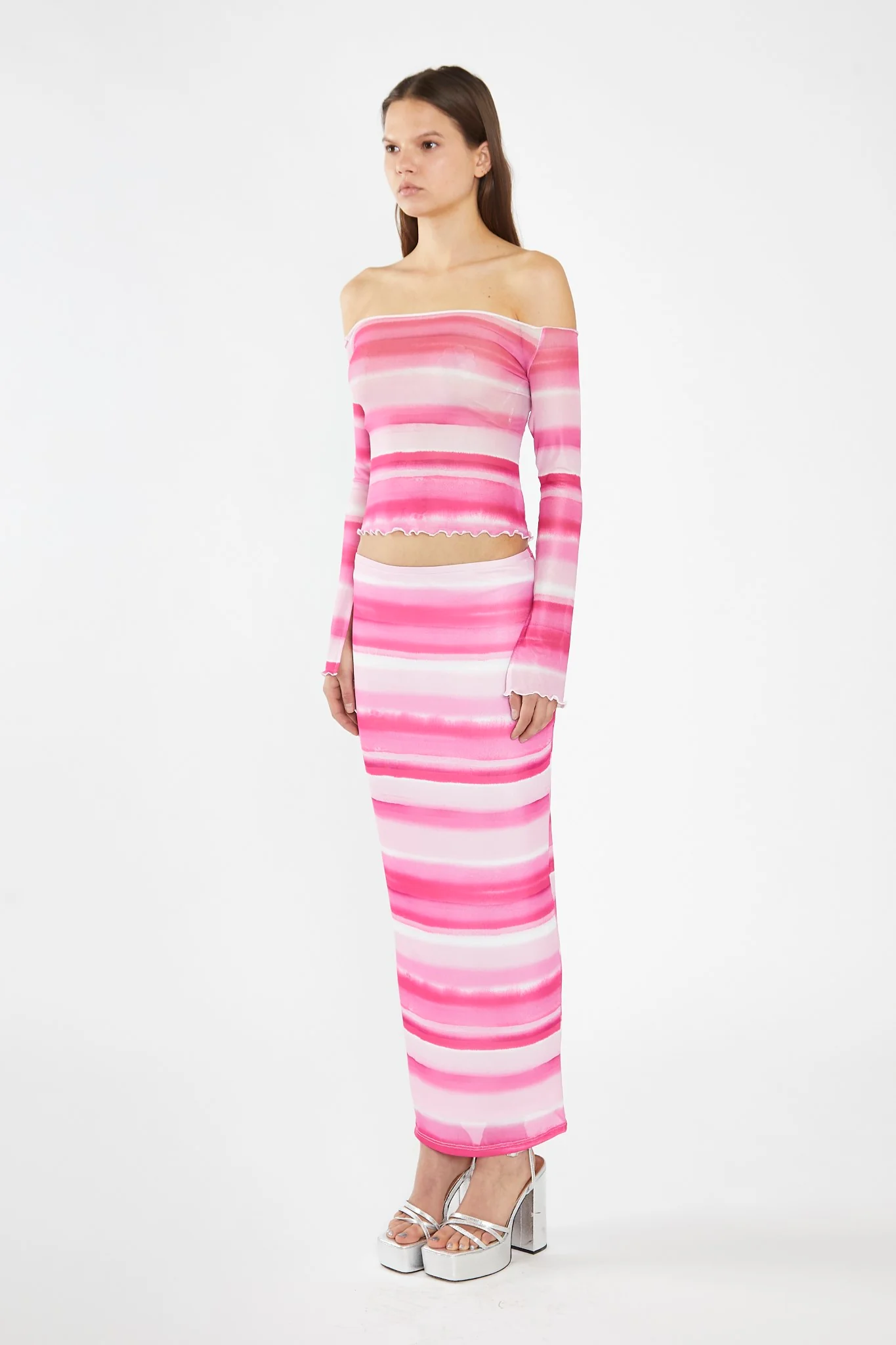 Pink Ombre-Stripe Mesh Off the Shoulder -Top - Image 4