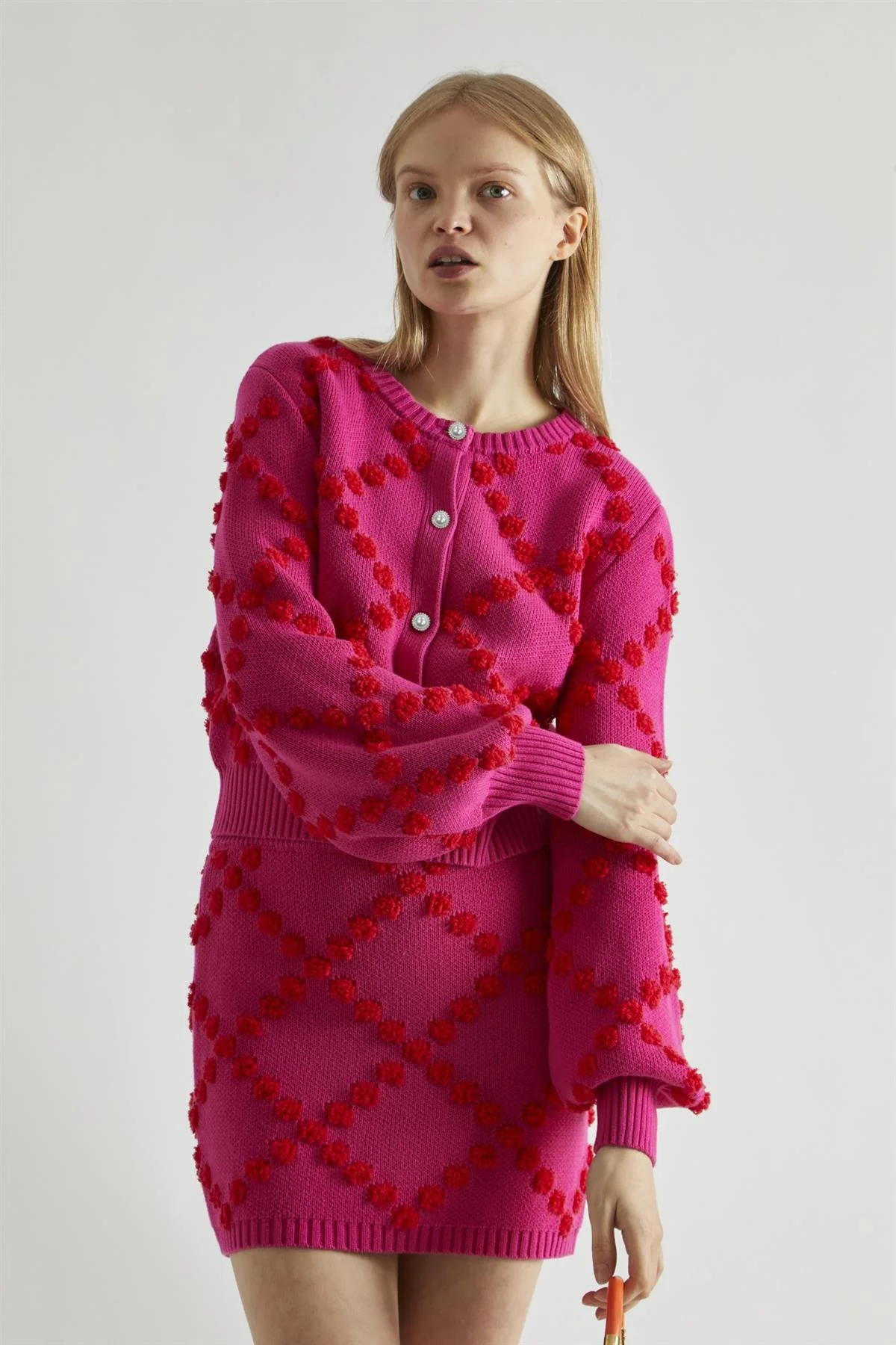 Pink-Red Bobble-Knit Mini-Skirt - Image 3