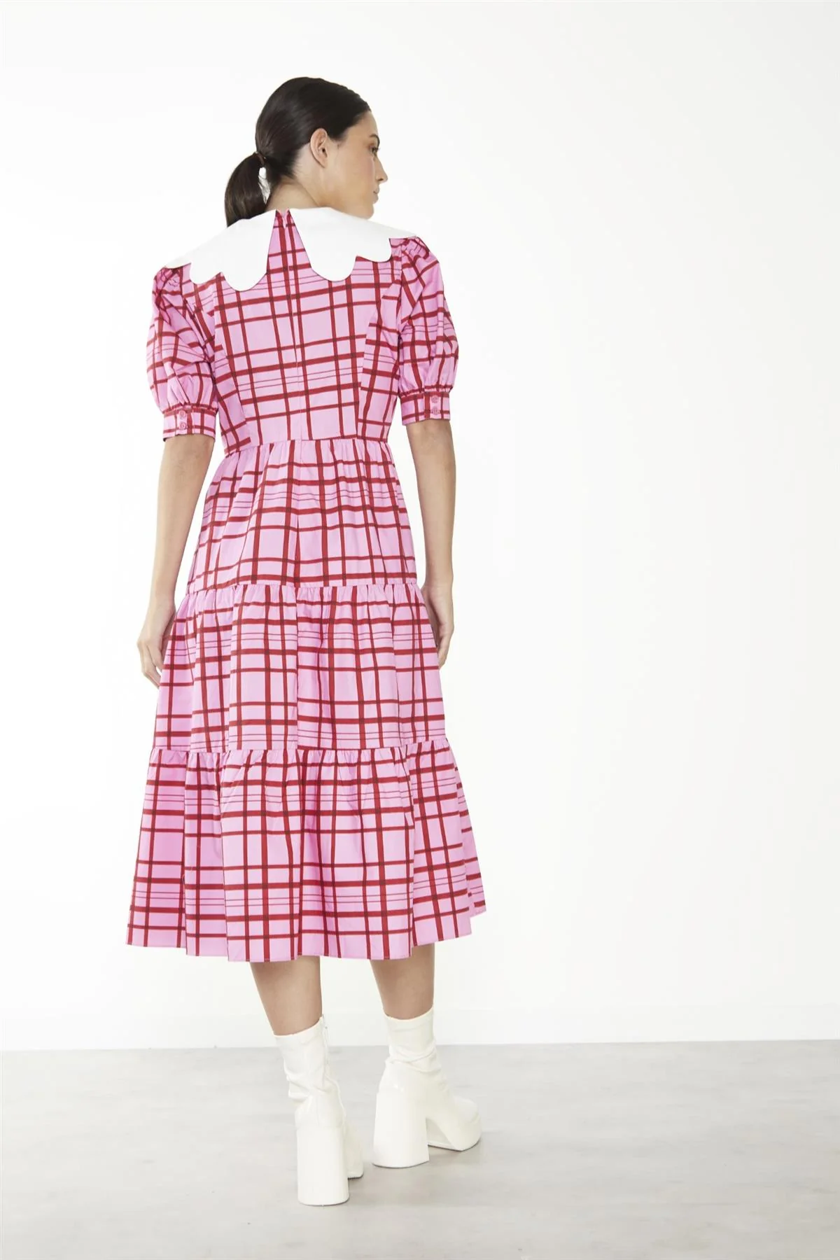 Pink-Red Grid-Check Tiered Collared Midi-Dress - Image 2