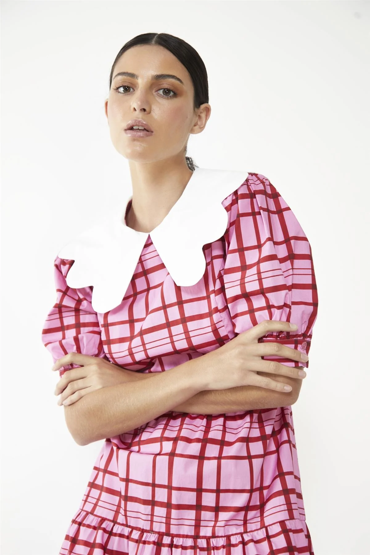 Pink-Red Grid-Check Tiered Collared Midi-Dress - Image 3