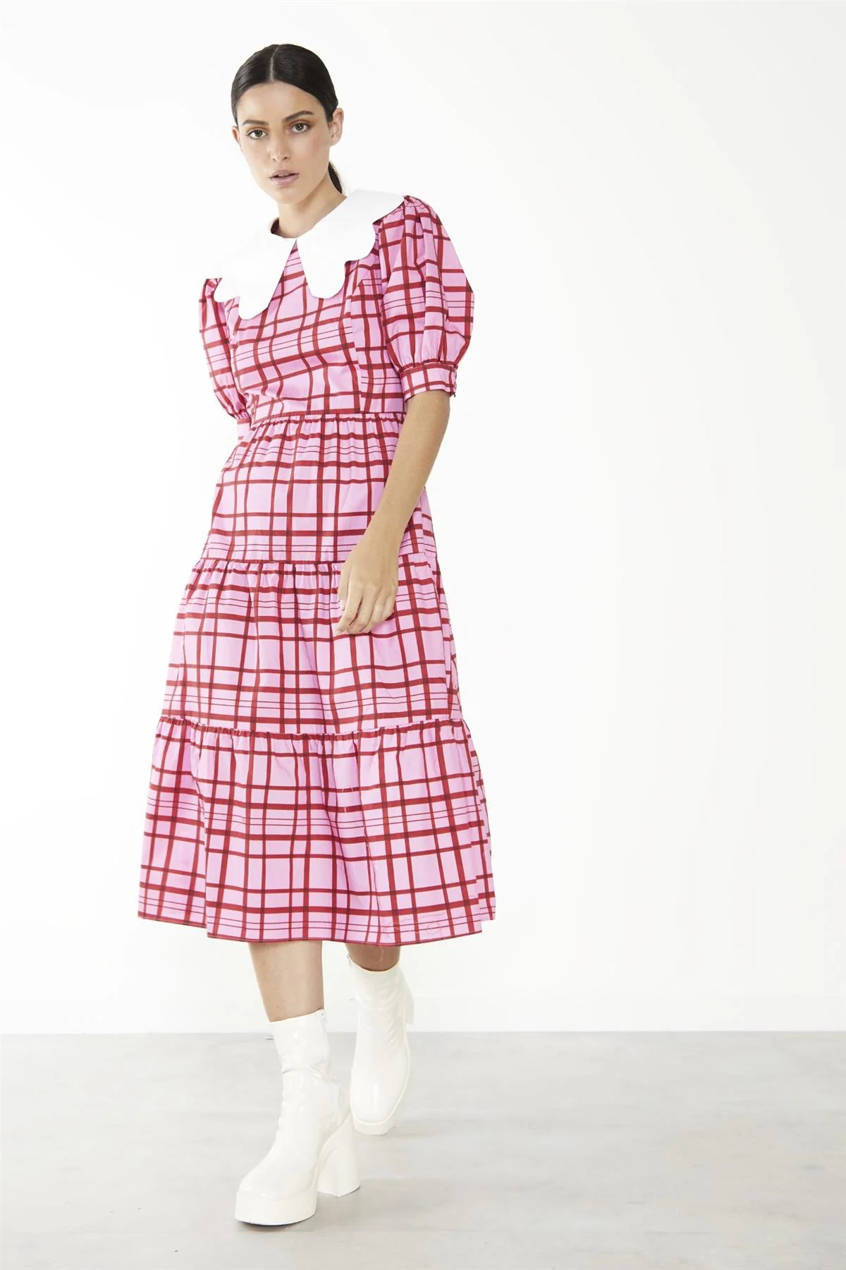 Pink-Red Grid-Check Tiered Collared Midi-Dress - Image 4