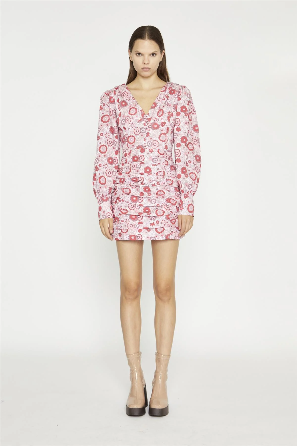 Pink Red Vintage Floral V-Neck Mini-Dress