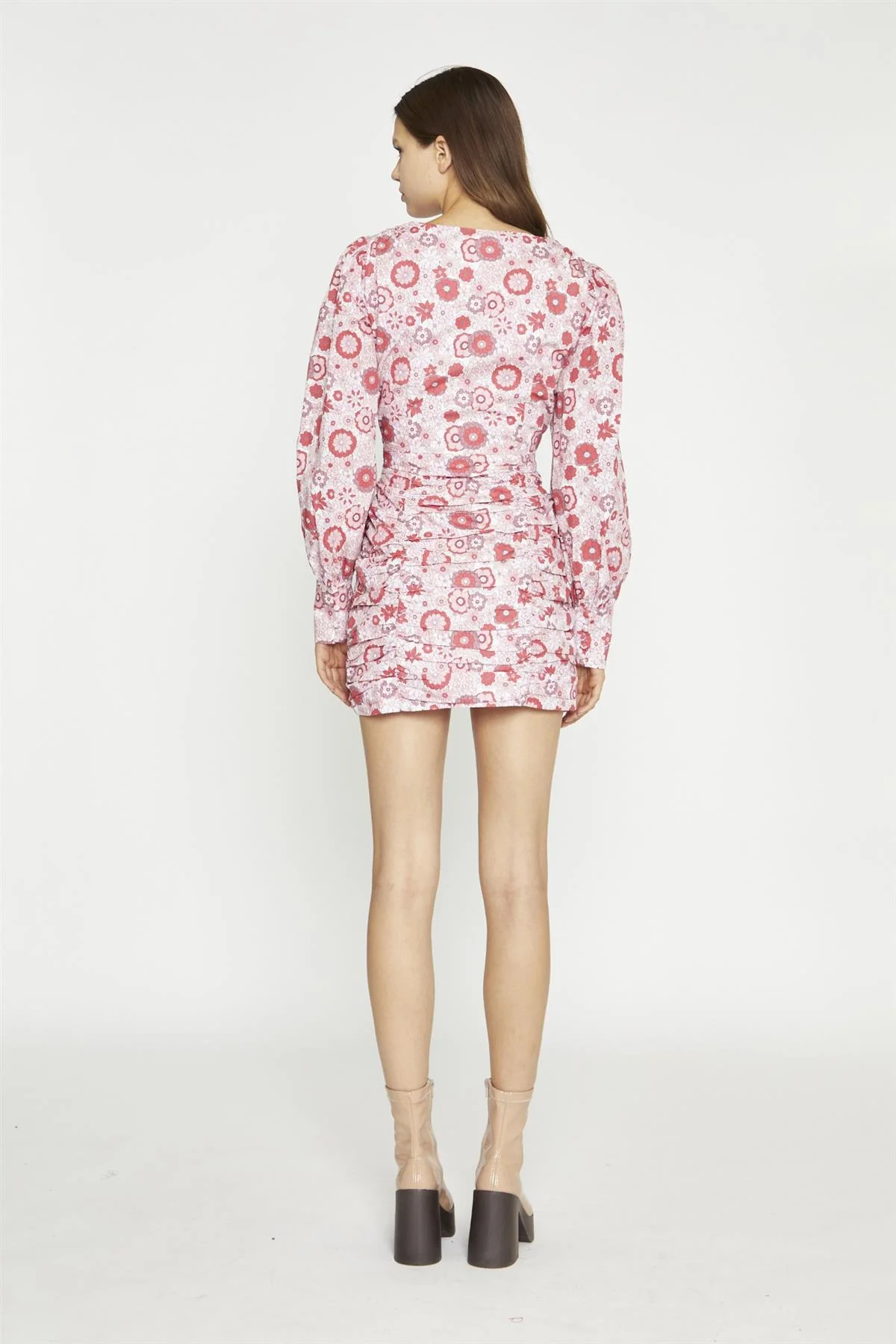 Pink Red Vintage Floral V-Neck Mini-Dress - Image 2