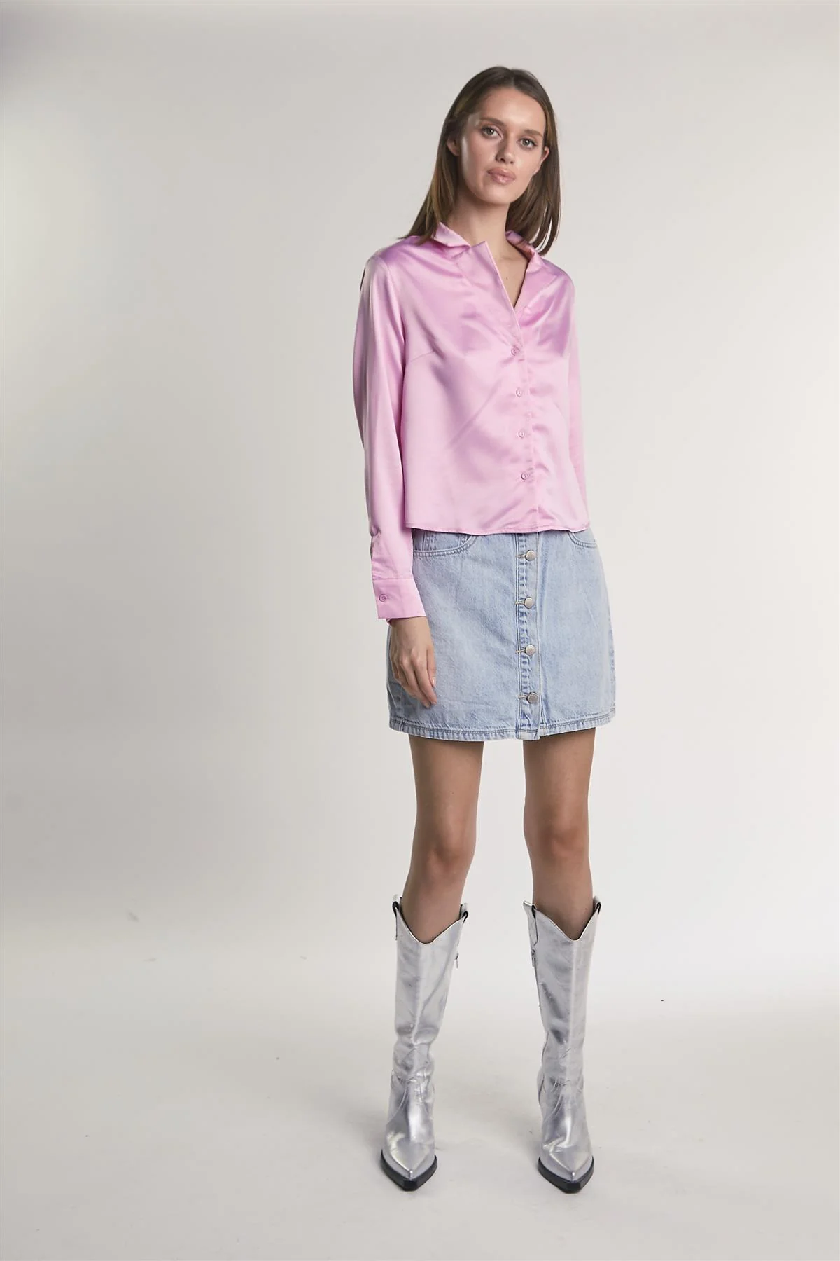 Pink-Sateen Button-Front Long Sleeve-Shirt