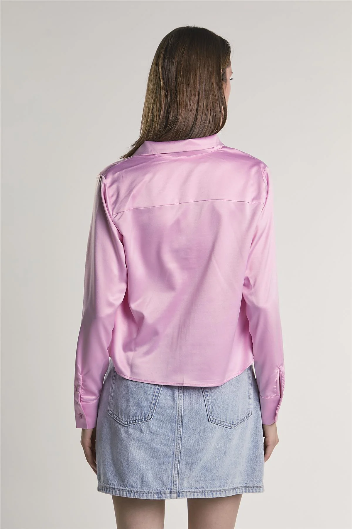 Pink-Sateen Button-Front Long Sleeve-Shirt - Image 2