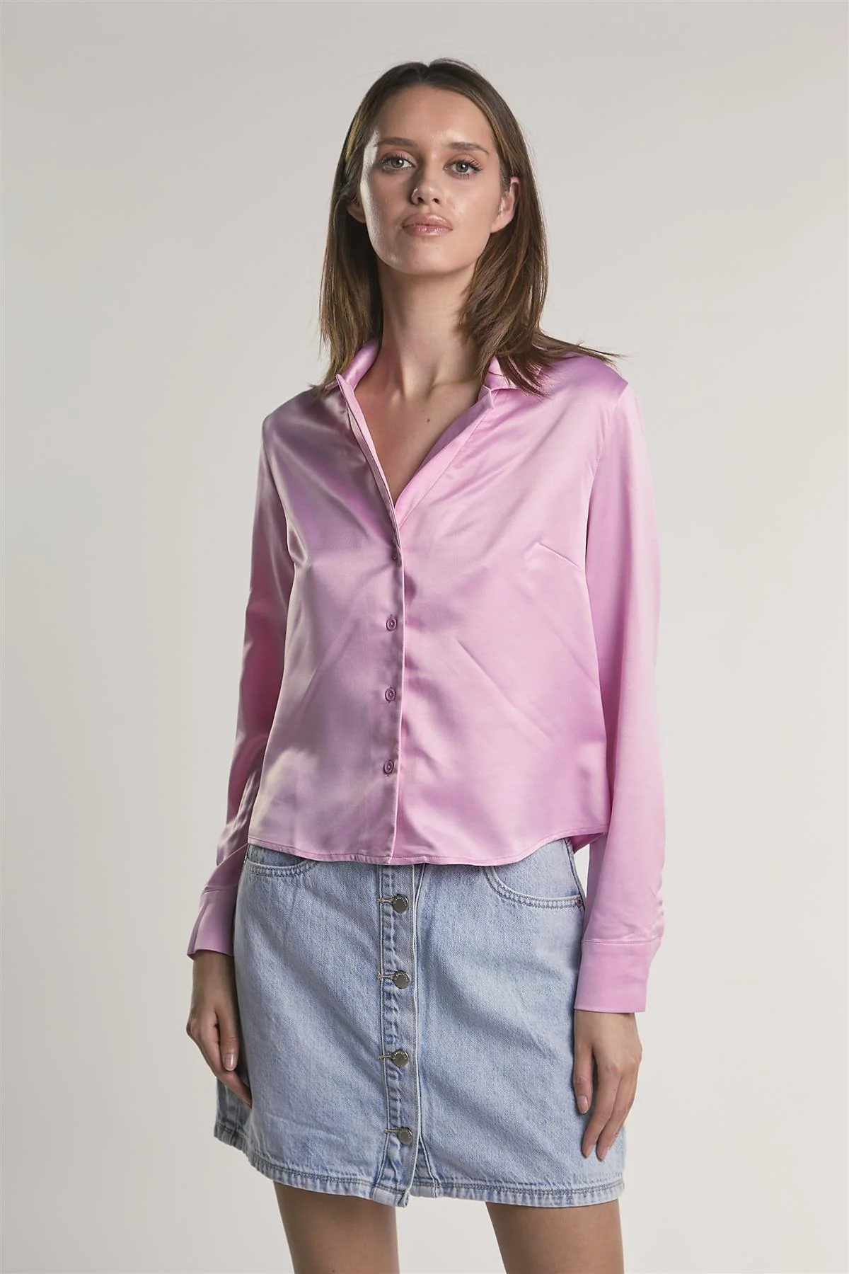 Pink-Sateen Button-Front Long Sleeve-Shirt - Image 3