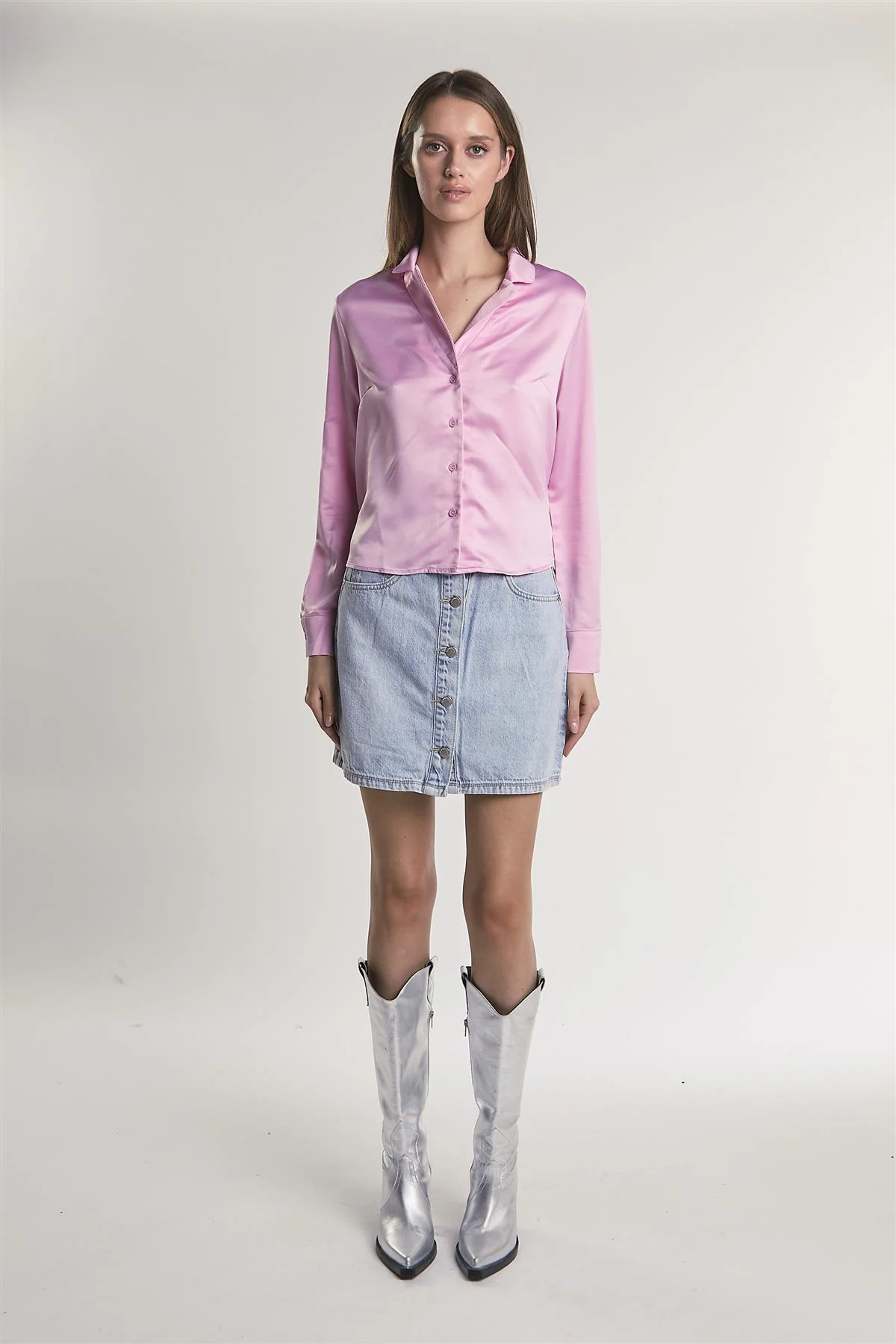 Pink-Sateen Button-Front Long Sleeve-Shirt - Image 5
