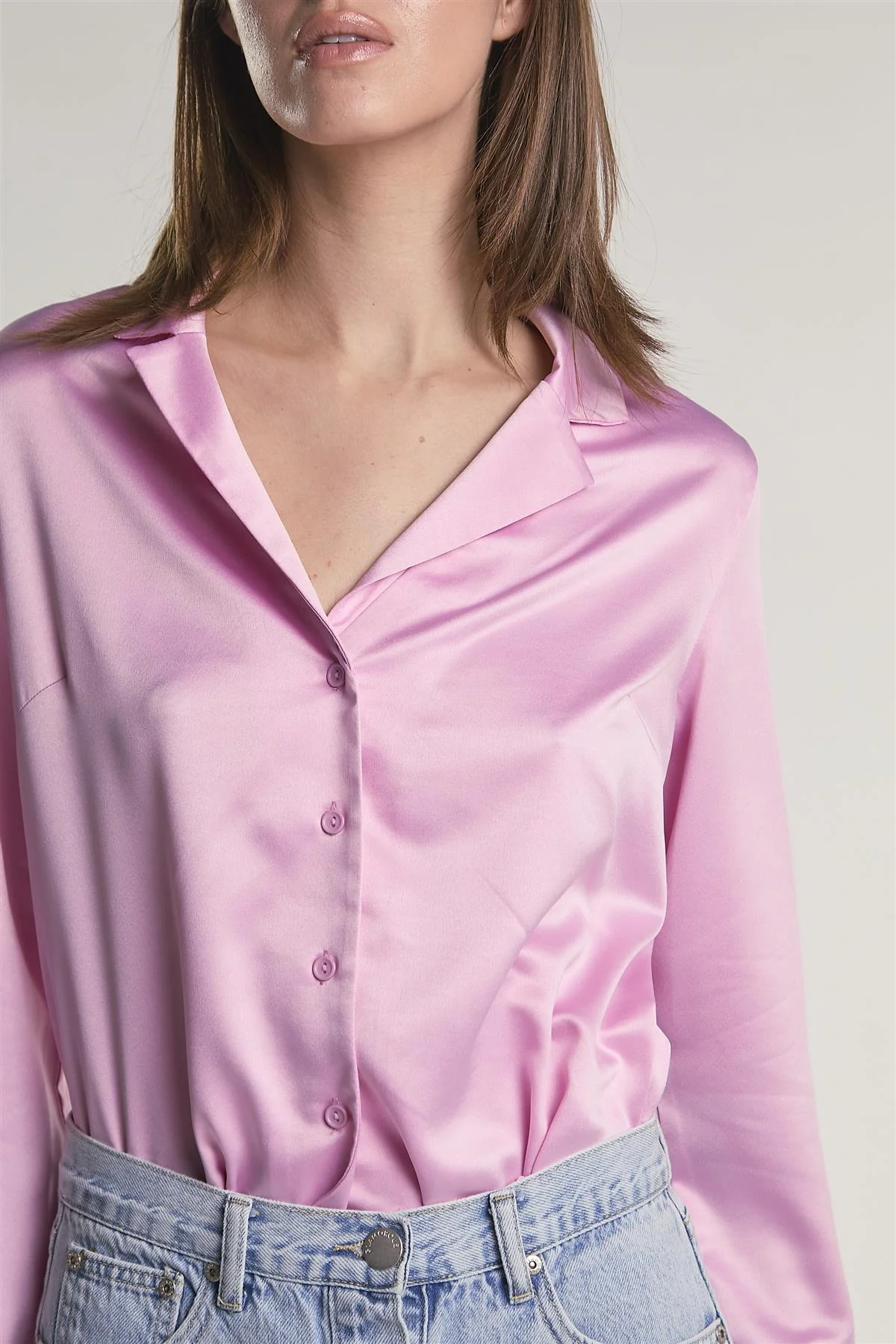 Pink-Sateen Button-Front Long Sleeve-Shirt - Image 6