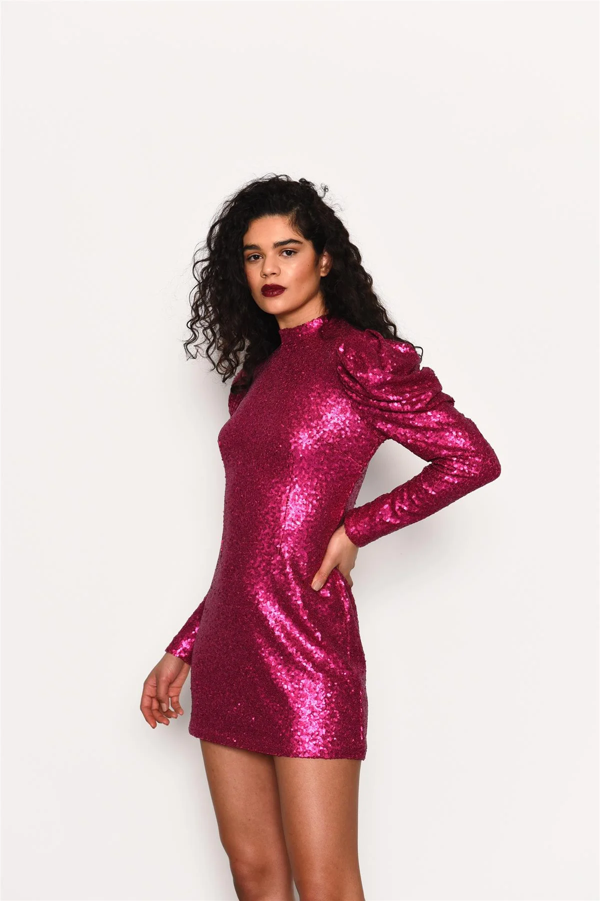 Pink Sequin Puff Sleeve Mini Dress - Image 3