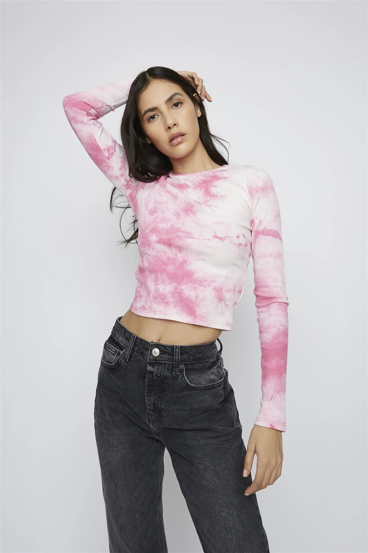 Pink-Tie-Dye Long-Sleeve-Ribbed Crop-Top - Image 3