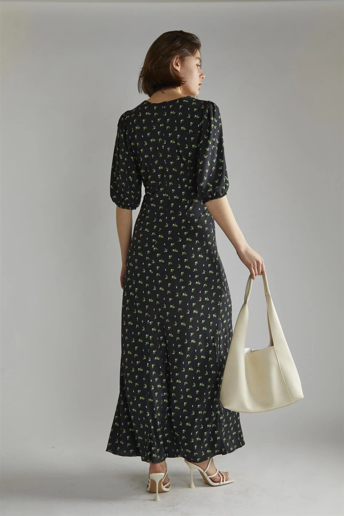 Pink Vintage Bud-Floral V-neck Tea Midi-Dress - Image 2
