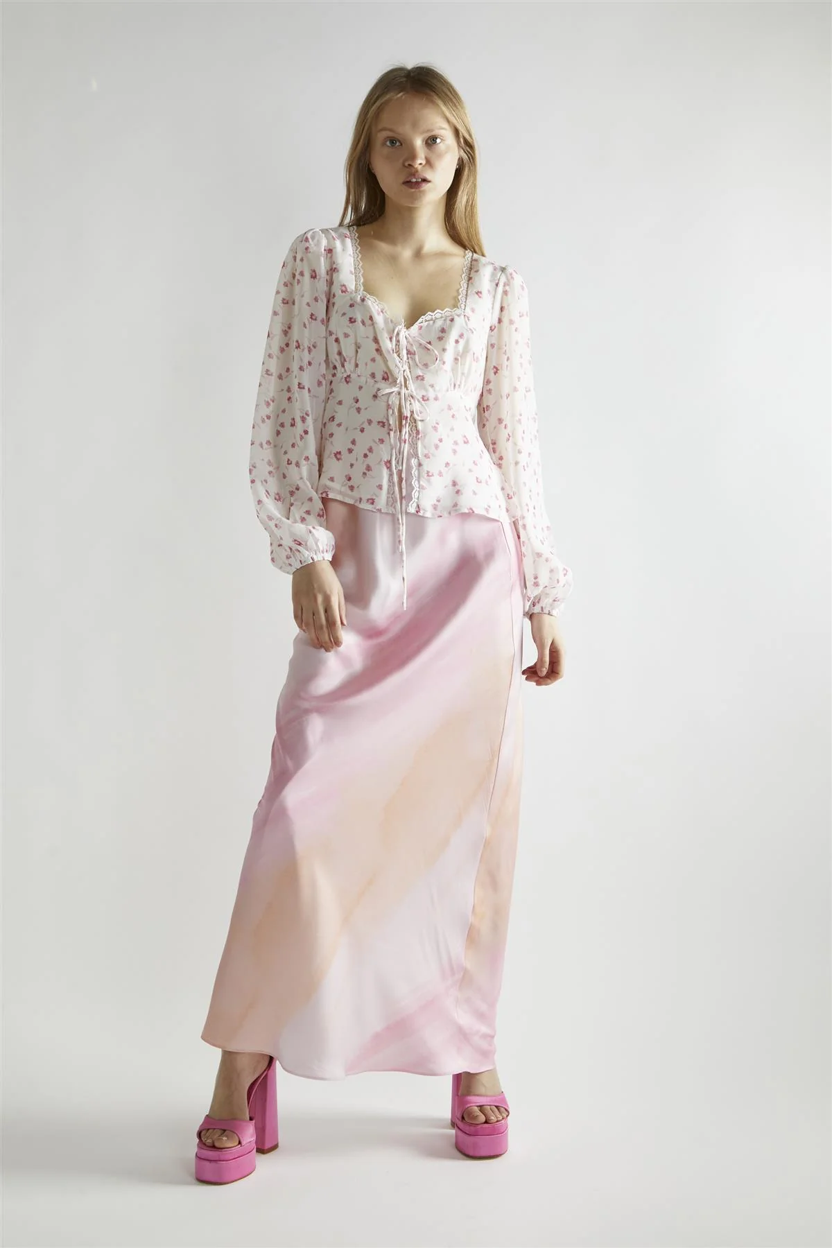 Pink Watercolour-Floral V-Neck Top