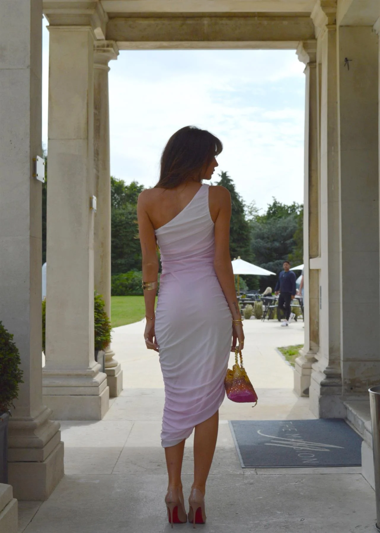 Pink-White Ombre Mesh Asymmetric Ruched Midaxi-Dress - Image 2