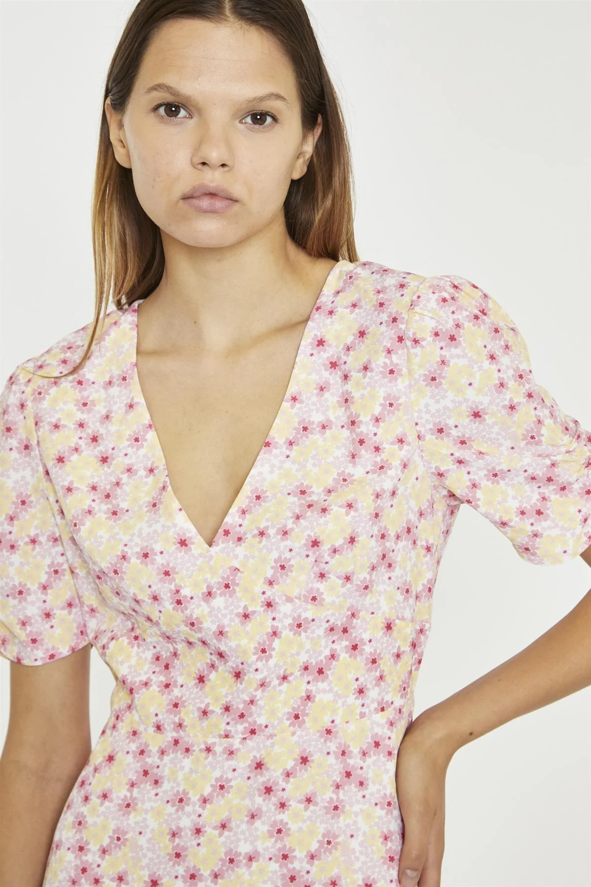 Pink-Yellow-Bunch-Flower Mini-Dress - Image 4