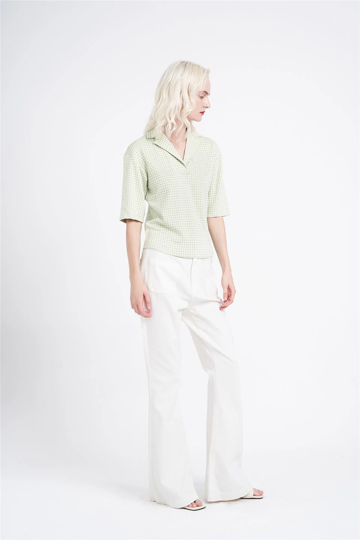 Pistachio-Multi-Check Collared-V-Neck Short-Sleeve-Top
