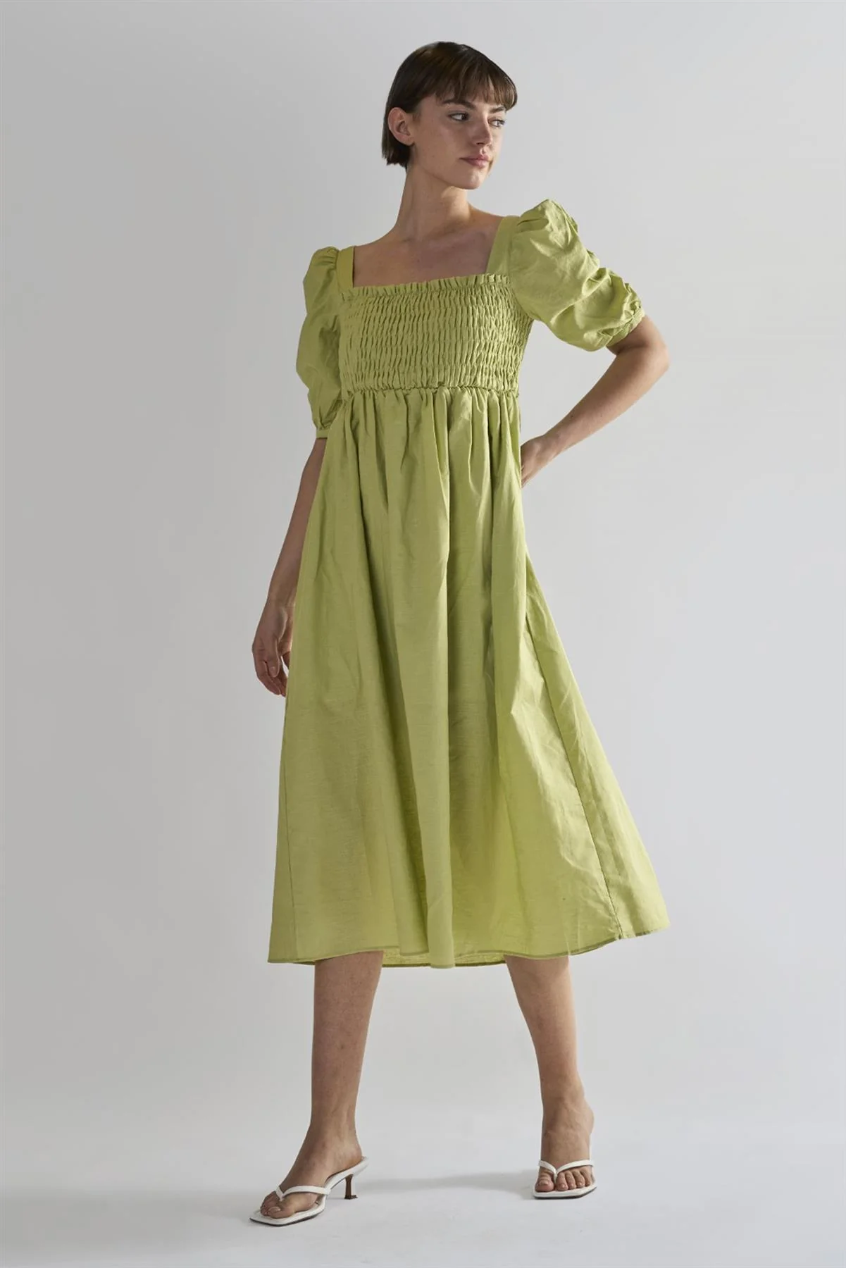 Pistachio Square Neck Short Sleeve Midi Dresses - Image 3