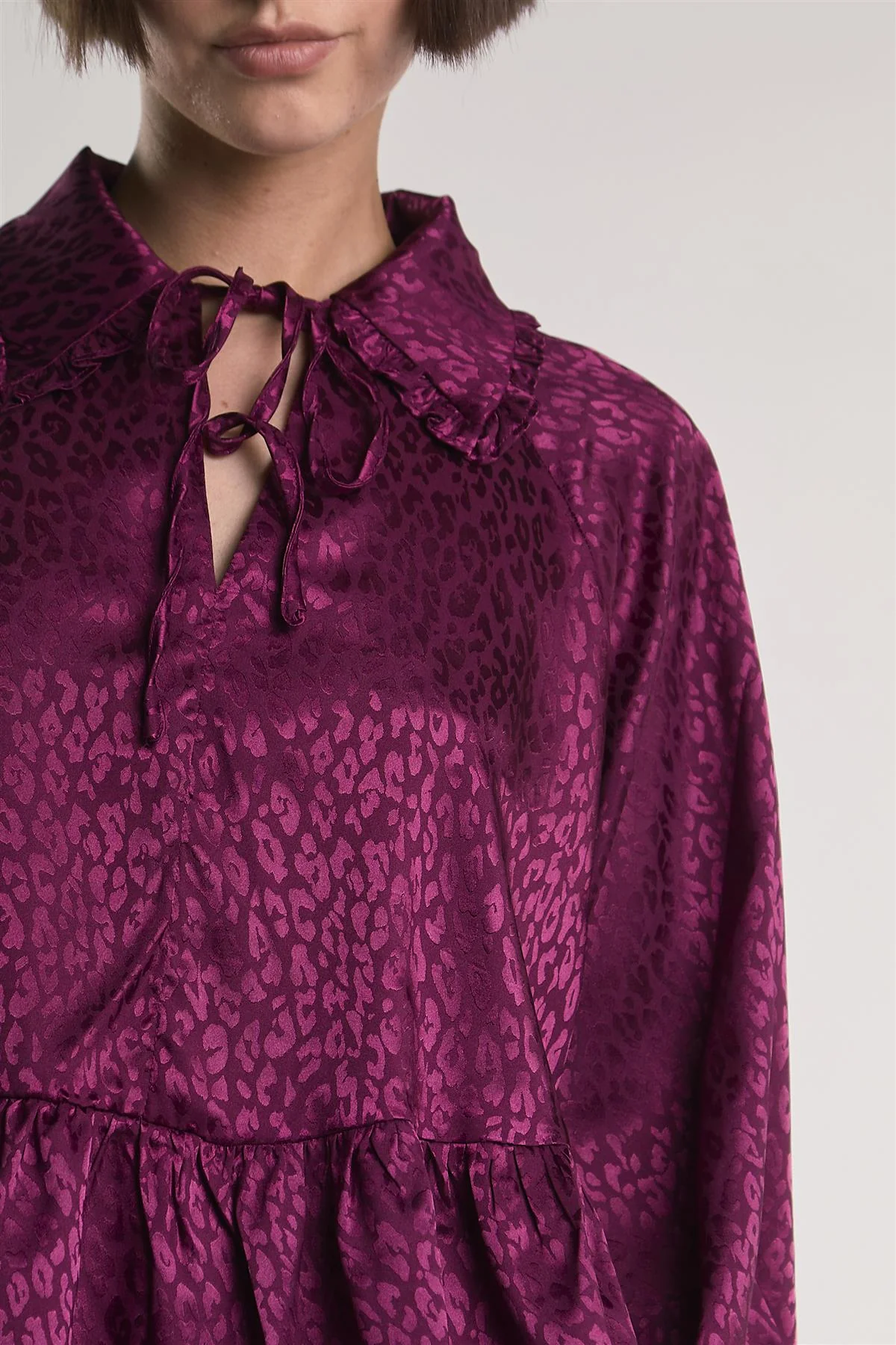 Plum-Leopard-Jacquard Long Puff Sleeve-Top - Image 4