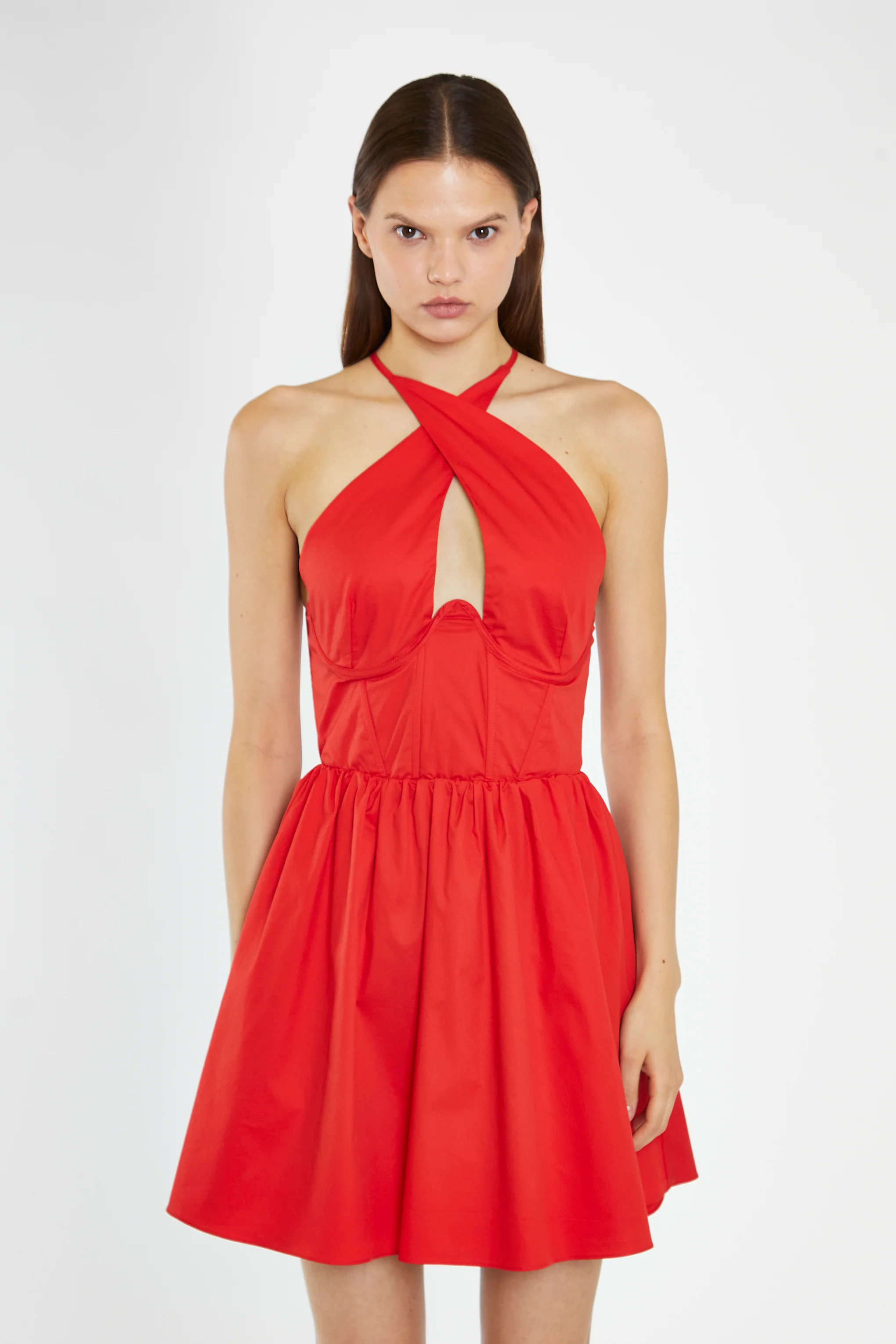 Poppy-Red Cross-Over Halterneck Corset Mini-Dress - Image 3