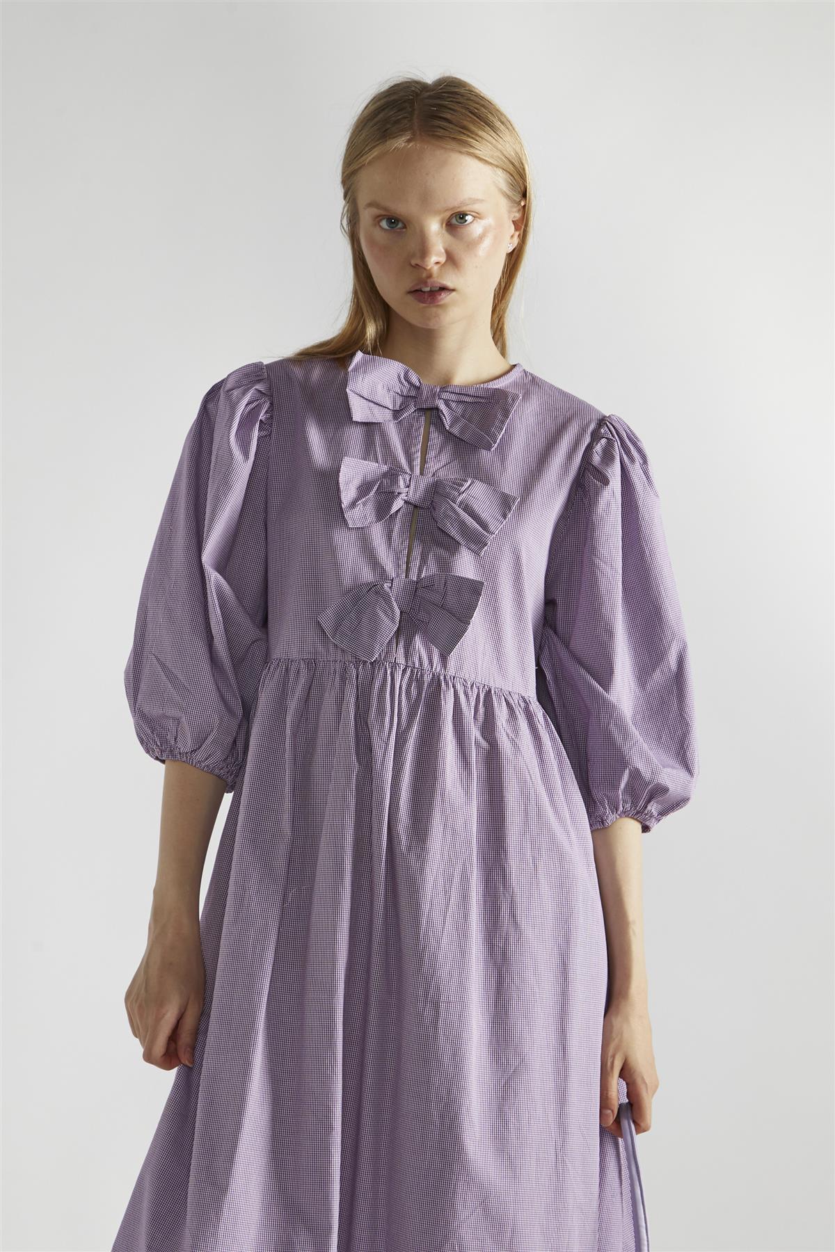 Purple Gingham Bow Detail Midi-Dress - Image 3