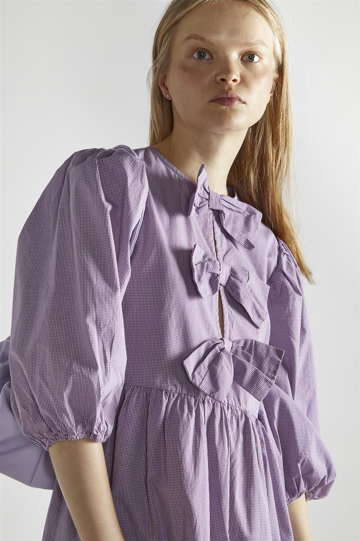 Purple Gingham Bow Detail Midi-Dress - Image 4
