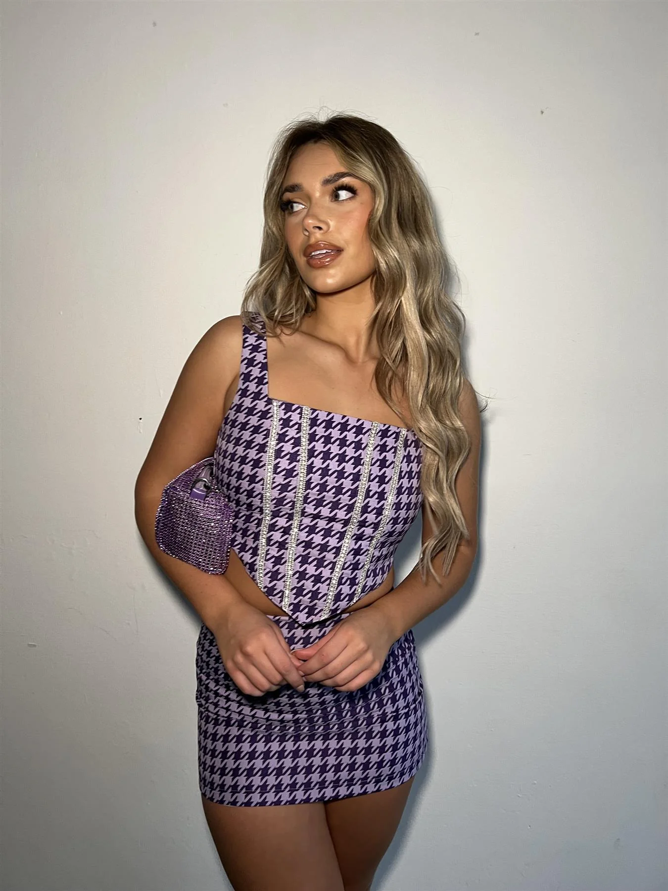 Purple-Houndstooth Square-Neck Corset-Top - Image 3