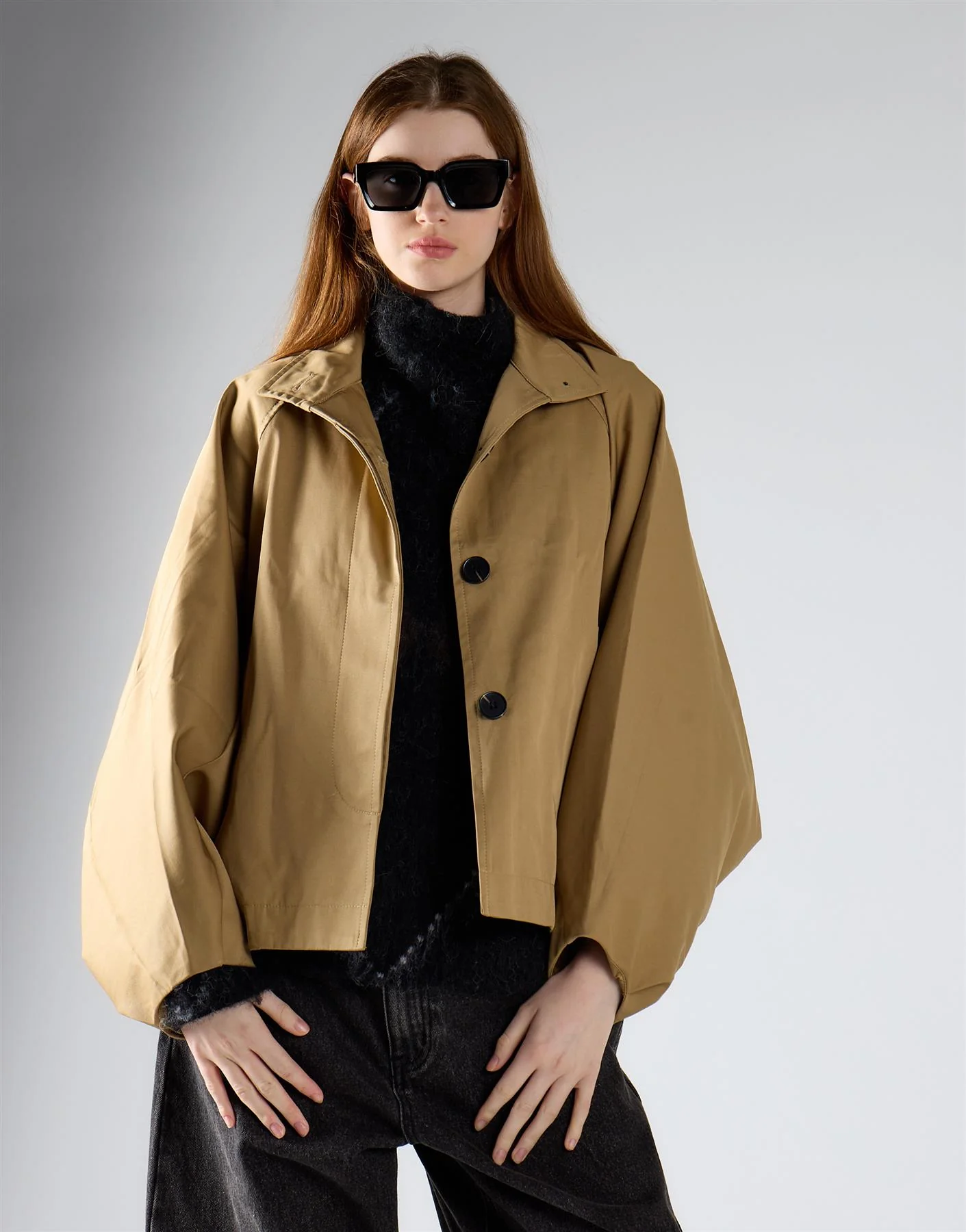 Raglan Sleeve Crop Coat - Beige - Image 4