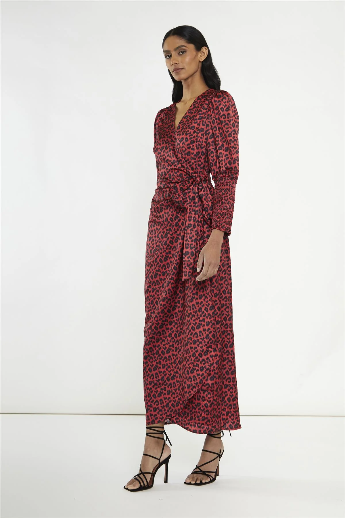 Red-Black Animal Wrap Midi-Dress - Image 4