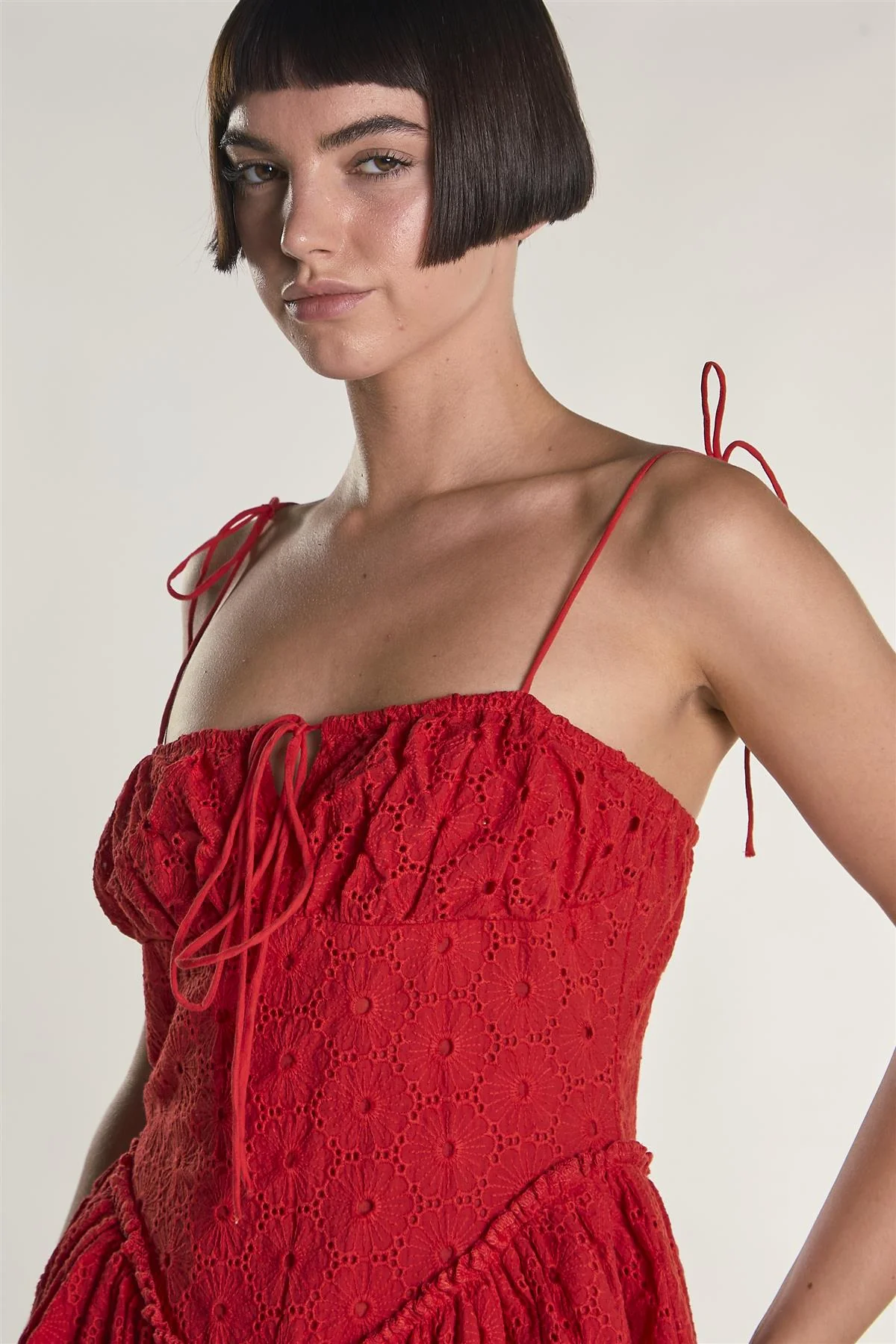 Red Broderie Tie Strap Mini Dress - Image 3