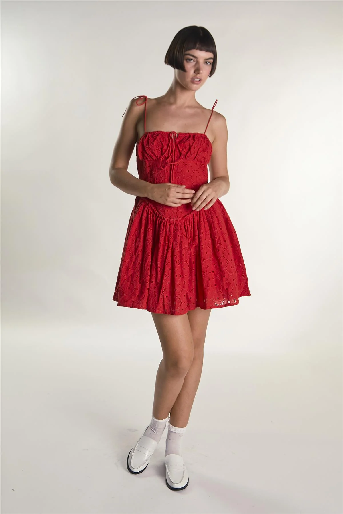 Red Broderie Tie Strap Mini Dress - Image 4